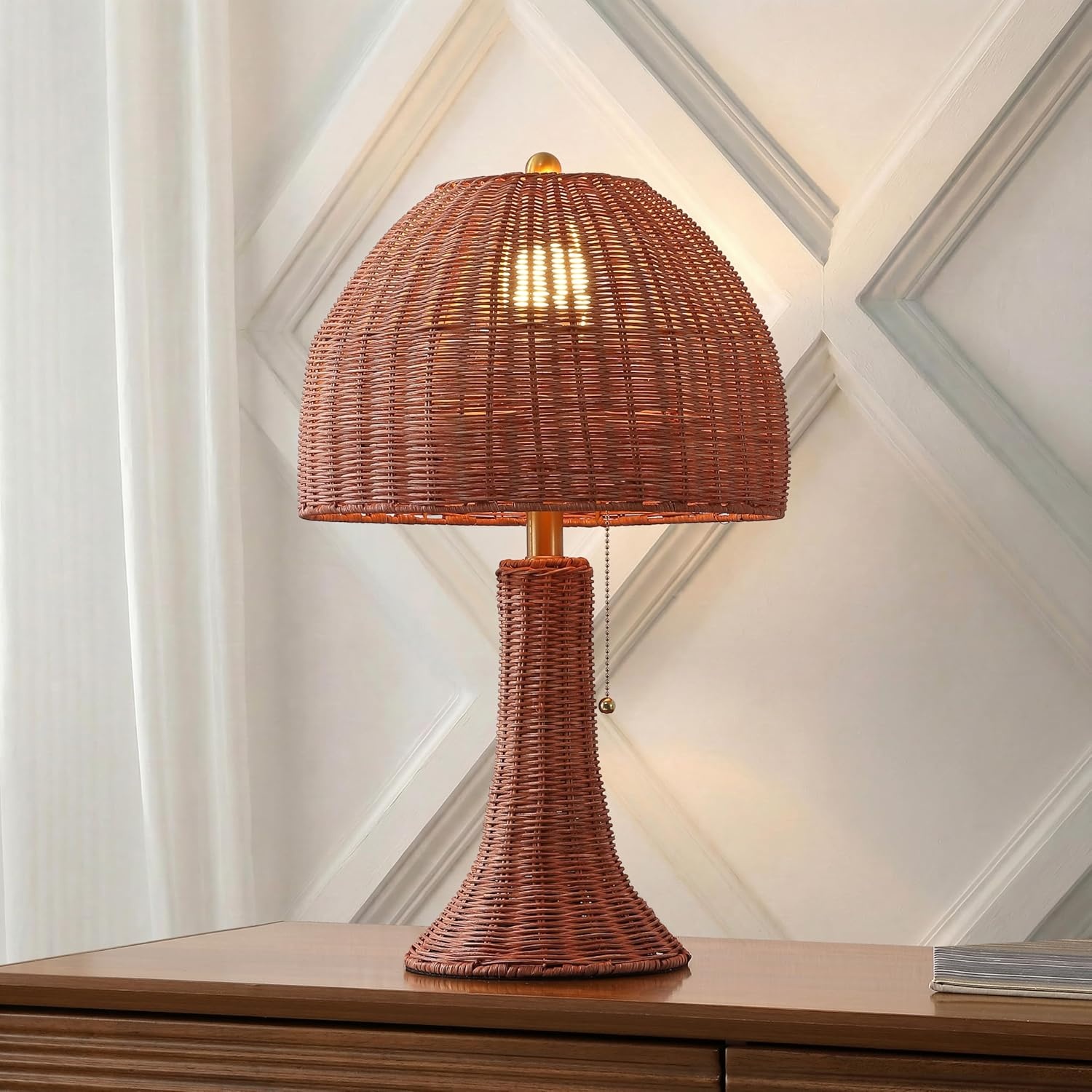 image:imageJONATHAN Y 22 Dark Brown Woven Rattan Mushroom Table Lamp Bohemian Coastal Bedside Lamp for Living Room Bedroom with Rattan Dome Shade LED Bulb Included JYL4011CDark BrownBrass Gold