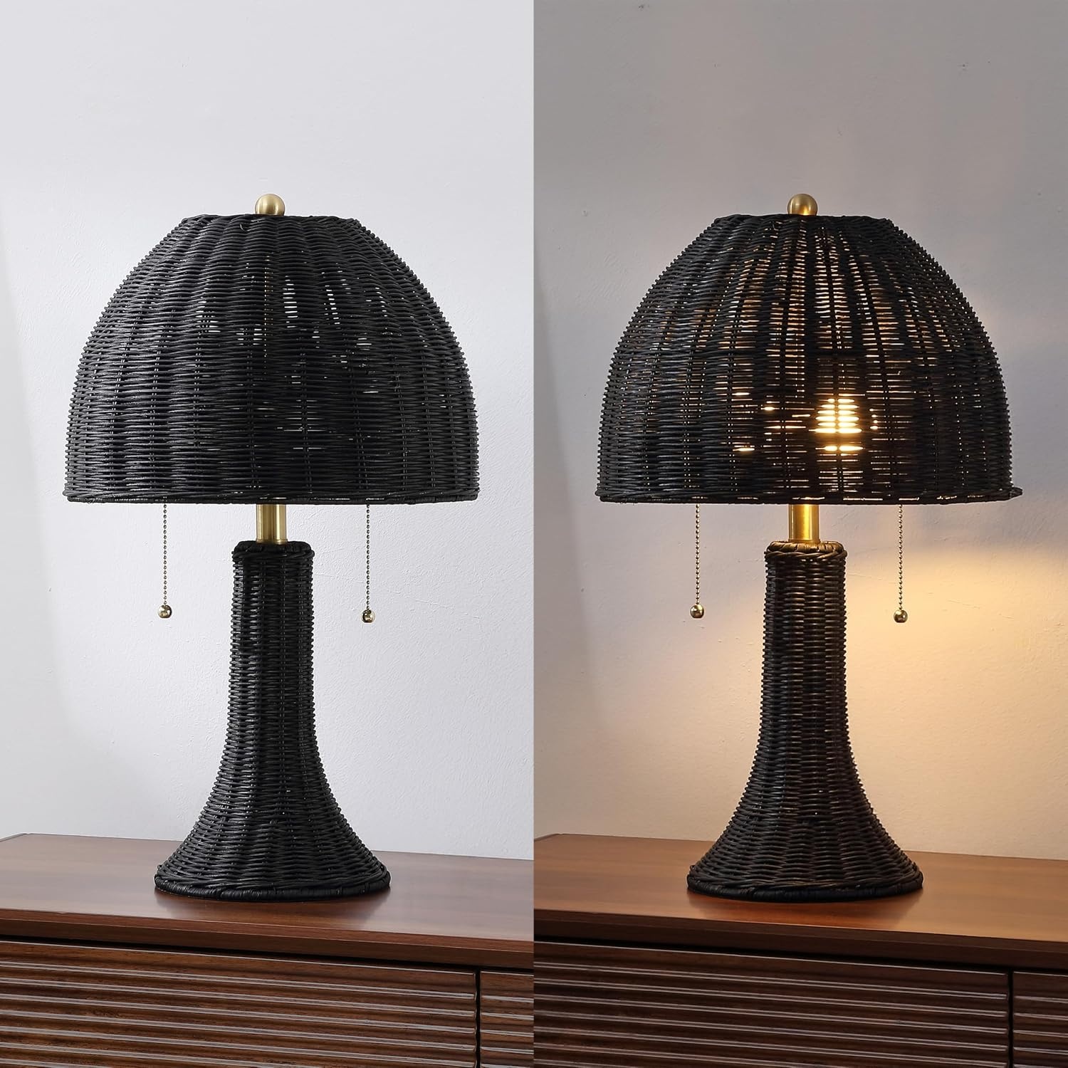 image:imageJONATHAN Y 22 Dark Brown Woven Rattan Mushroom Table Lamp Bohemian Coastal Bedside Lamp for Living Room Bedroom with Rattan Dome Shade LED Bulb Included JYL4011CBlackBrass Gold
