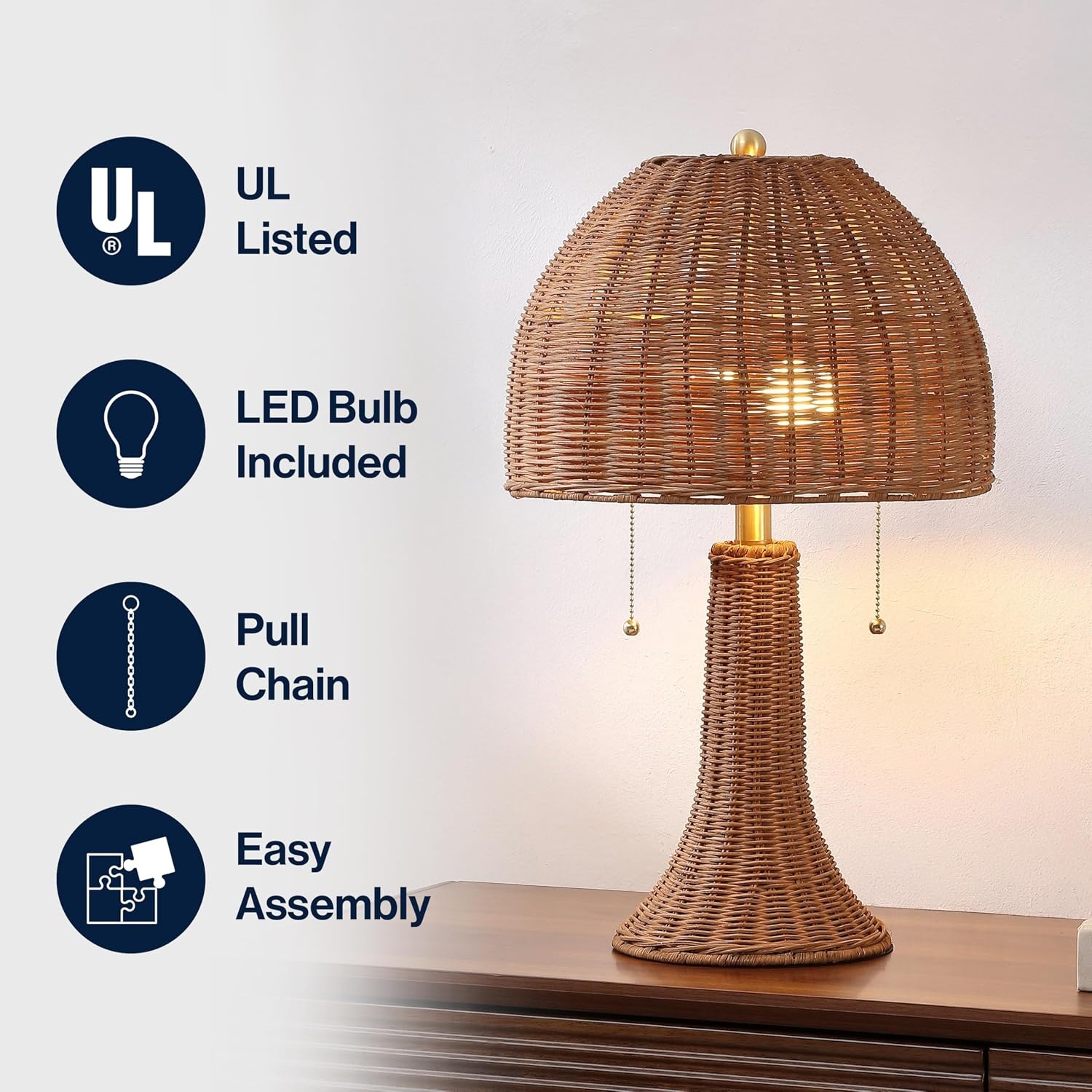 image:imageJONATHAN Y 22 Dark Brown Woven Rattan Mushroom Table Lamp Bohemian Coastal Bedside Lamp for Living Room Bedroom with Rattan Dome Shade LED Bulb Included JYL4011CDark BrownBrass Gold