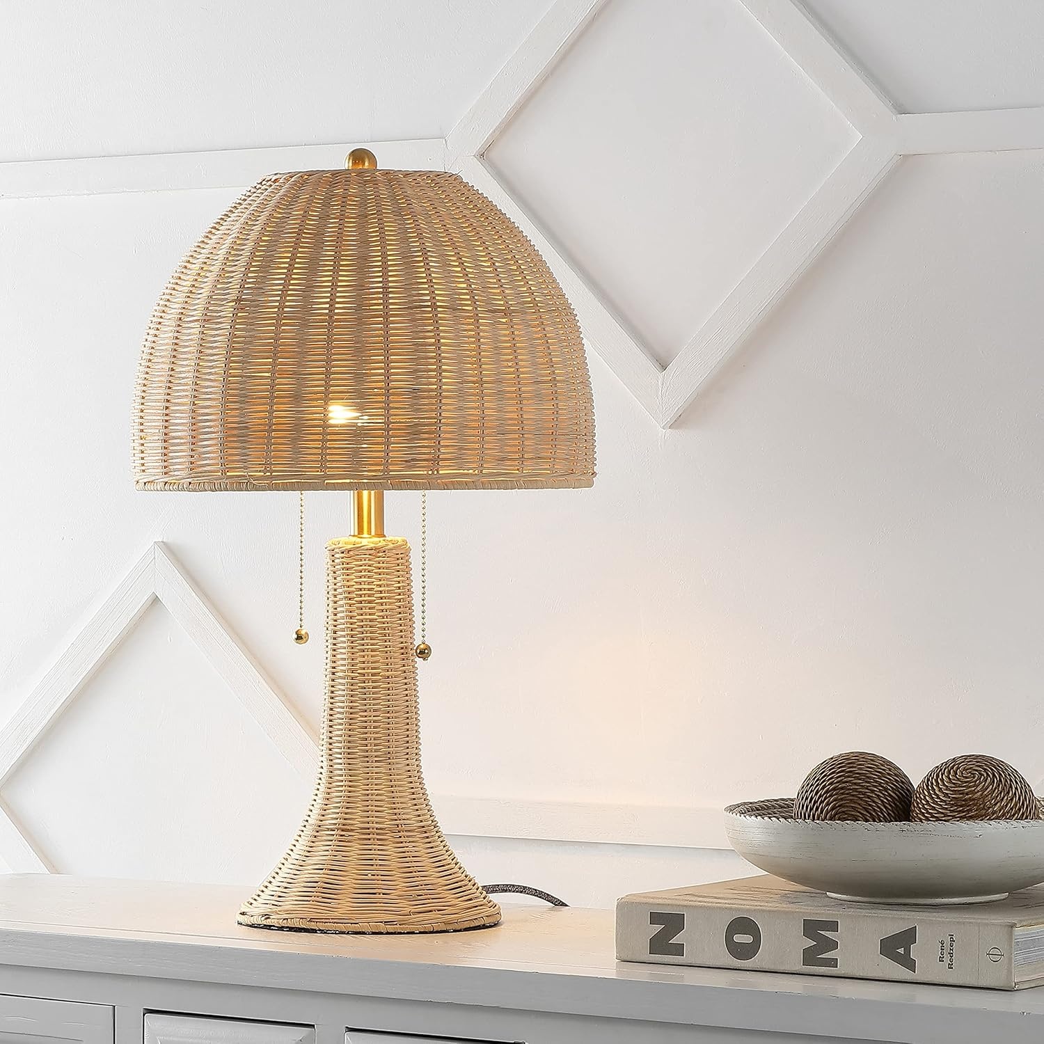 image:imageJONATHAN Y 22 Dark Brown Woven Rattan Mushroom Table Lamp Bohemian Coastal Bedside Lamp for Living Room Bedroom with Rattan Dome Shade LED Bulb Included JYL4011CNaturalBrass Gold