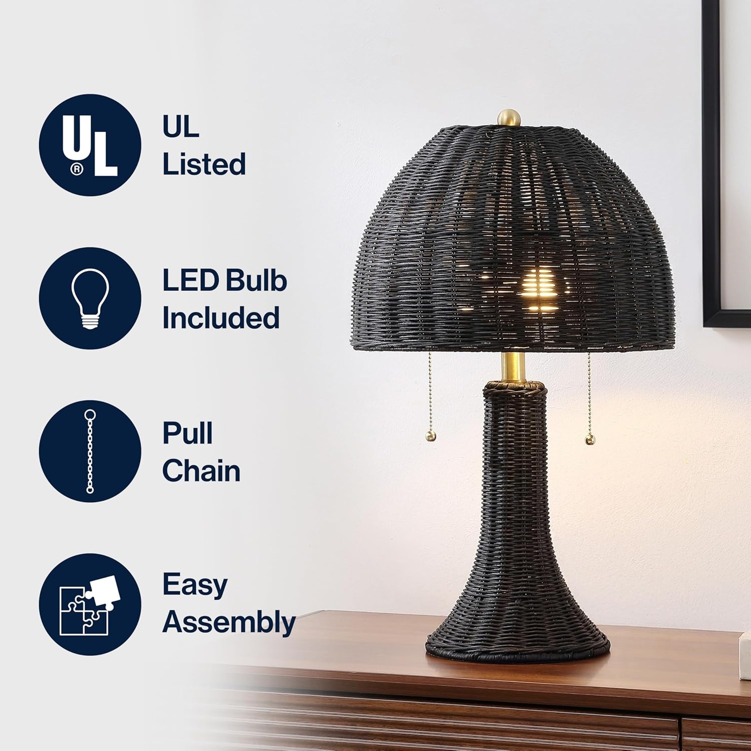 image:imageJONATHAN Y 22 Dark Brown Woven Rattan Mushroom Table Lamp Bohemian Coastal Bedside Lamp for Living Room Bedroom with Rattan Dome Shade LED Bulb Included JYL4011CBlackBrass Gold