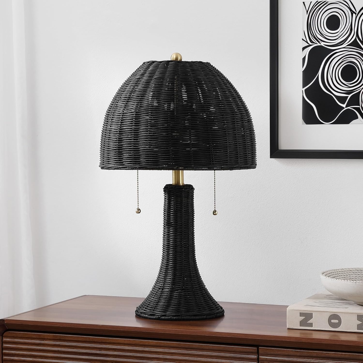 image:imageJONATHAN Y 22 Dark Brown Woven Rattan Mushroom Table Lamp Bohemian Coastal Bedside Lamp for Living Room Bedroom with Rattan Dome Shade LED Bulb Included JYL4011CBlackBrass Gold