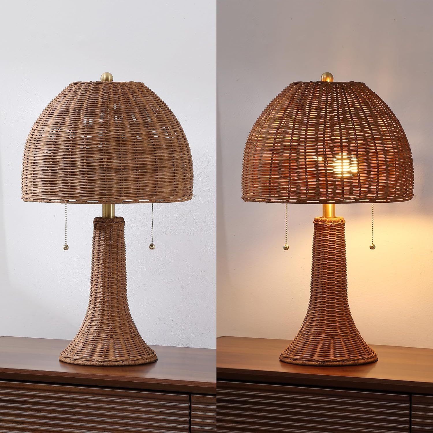 image:imageJONATHAN Y 22 Dark Brown Woven Rattan Mushroom Table Lamp Bohemian Coastal Bedside Lamp for Living Room Bedroom with Rattan Dome Shade LED Bulb Included JYL4011CDark BrownBrass Gold