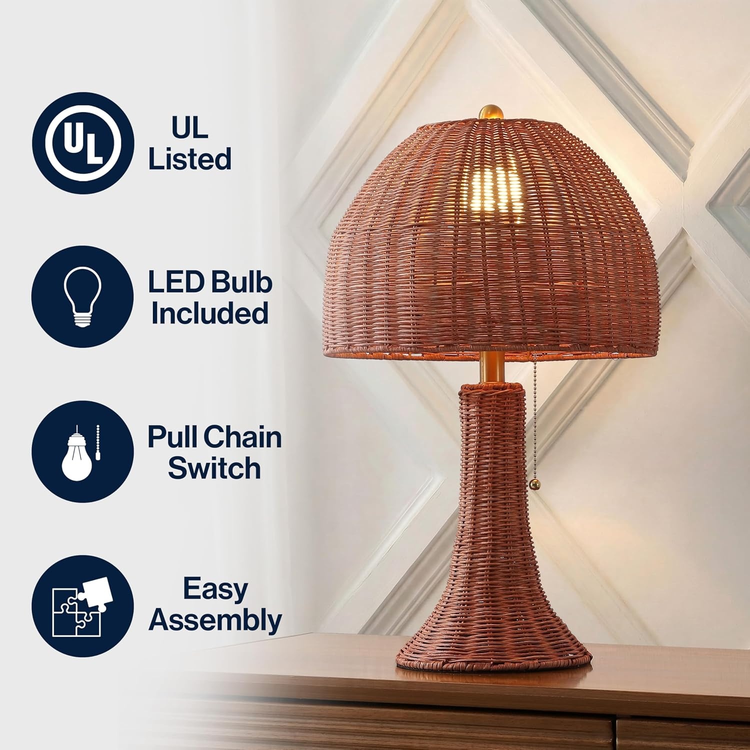 image:imageJONATHAN Y 22 Dark Brown Woven Rattan Mushroom Table Lamp Bohemian Coastal Bedside Lamp for Living Room Bedroom with Rattan Dome Shade LED Bulb Included JYL4011CDark BrownBrass Gold