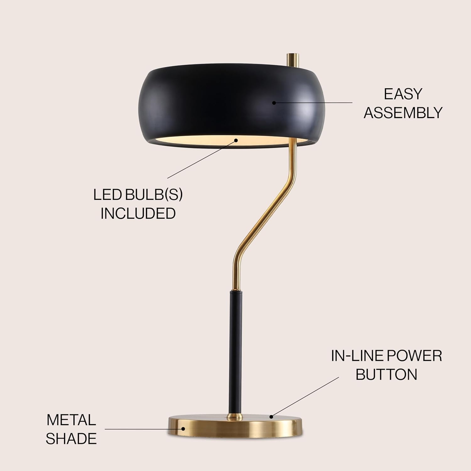 image:imageJONATHAN Y 225 MidCentury Modern Desk Lamp Black and Brass Gold Metal Bedside Lamp for Living Room Bedroom Nightstand Minimalist Office Task Lamp Black Metal Shade LED Bulb Included JYL6008A