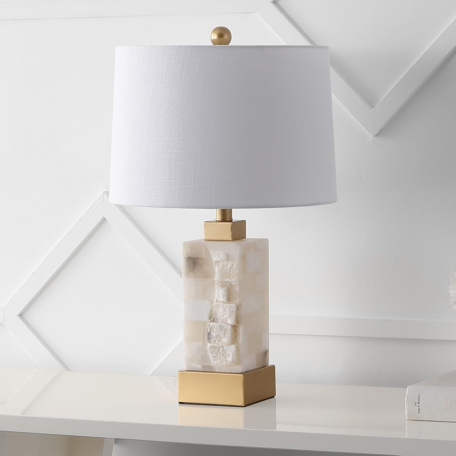 image:imageJONATHAN Y 23 White Black 2Light Alabaster Rectangular Table Lamp with Night Light Modern Coastal Bedside Lamp for Bedroom with White Linen Drum Shade LED Bulbs Included JYL6202BWhiteGold Leaf
