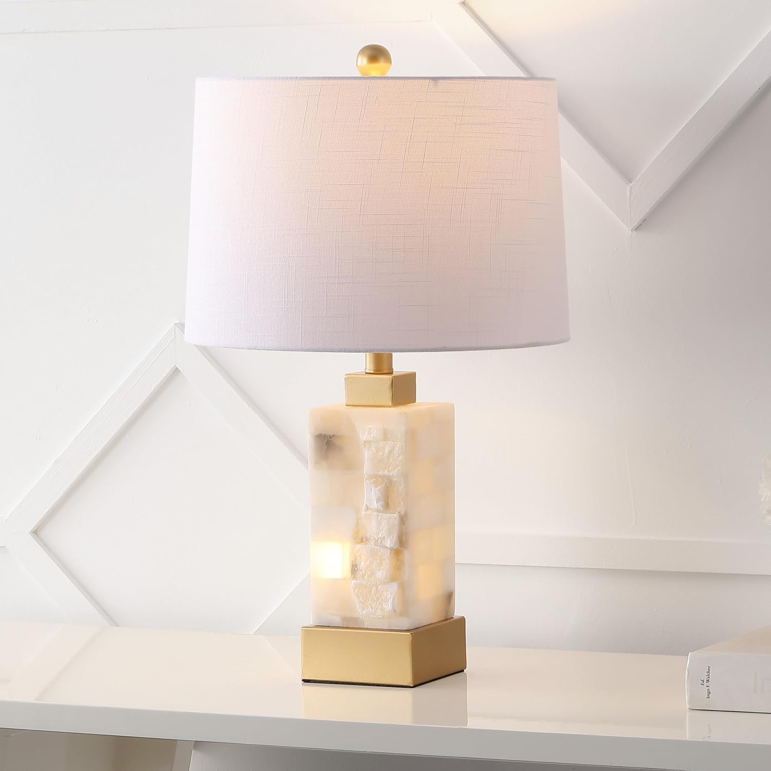 image:imageJONATHAN Y 23 White Black 2Light Alabaster Rectangular Table Lamp with Night Light Modern Coastal Bedside Lamp for Bedroom with White Linen Drum Shade LED Bulbs Included JYL6202BWhiteGold Leaf