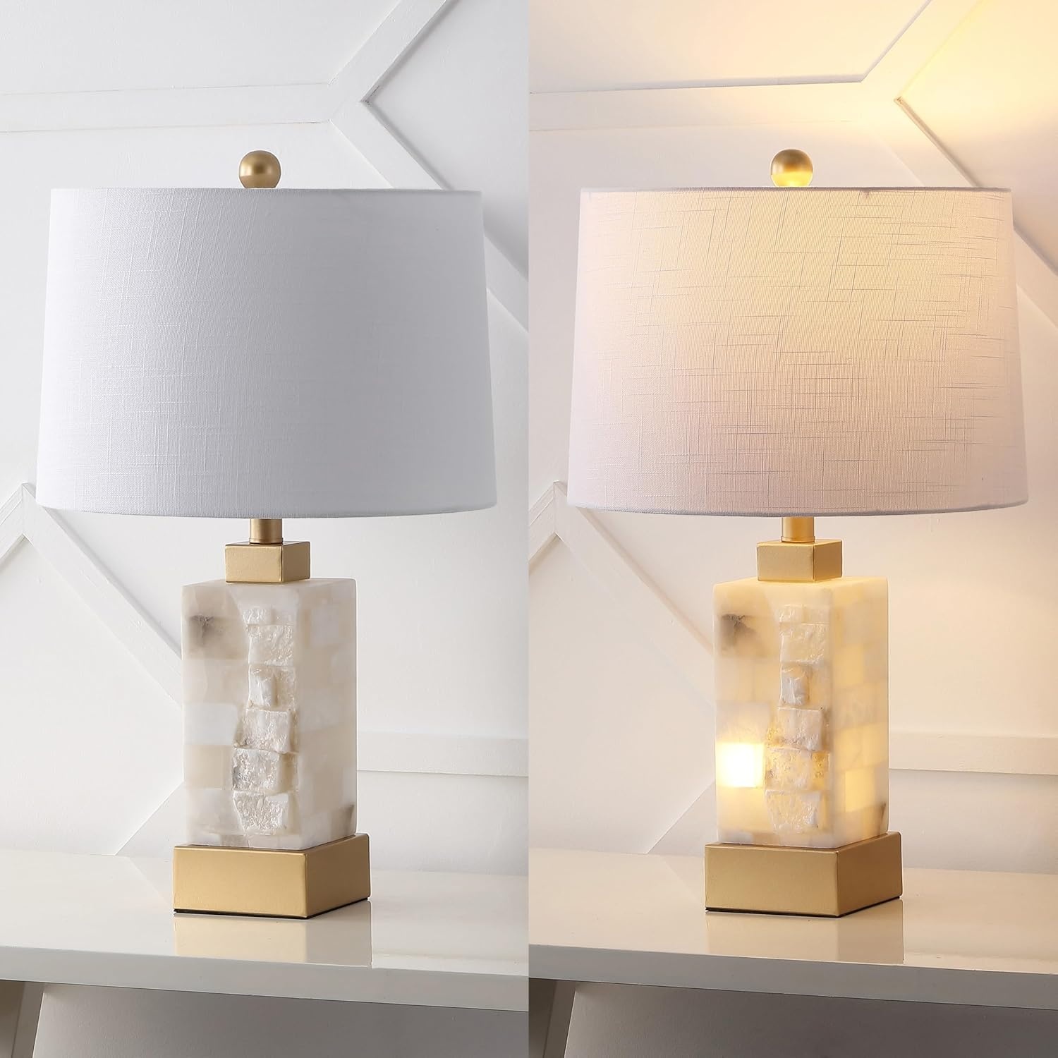 image:imageJONATHAN Y 23 White Black 2Light Alabaster Rectangular Table Lamp with Night Light Modern Coastal Bedside Lamp for Bedroom with White Linen Drum Shade LED Bulbs Included JYL6202BWhiteGold Leaf
