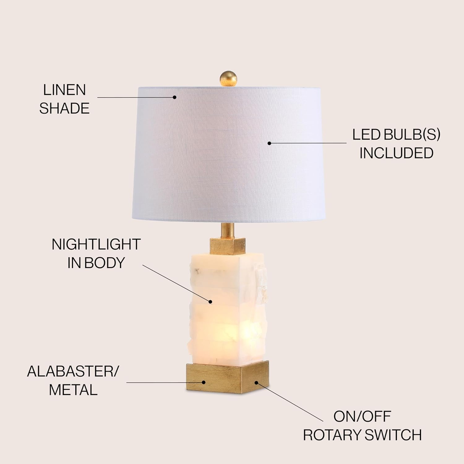 image:imageJONATHAN Y 23 White Black 2Light Alabaster Rectangular Table Lamp with Night Light Modern Coastal Bedside Lamp for Bedroom with White Linen Drum Shade LED Bulbs Included JYL6202BWhiteGold Leaf