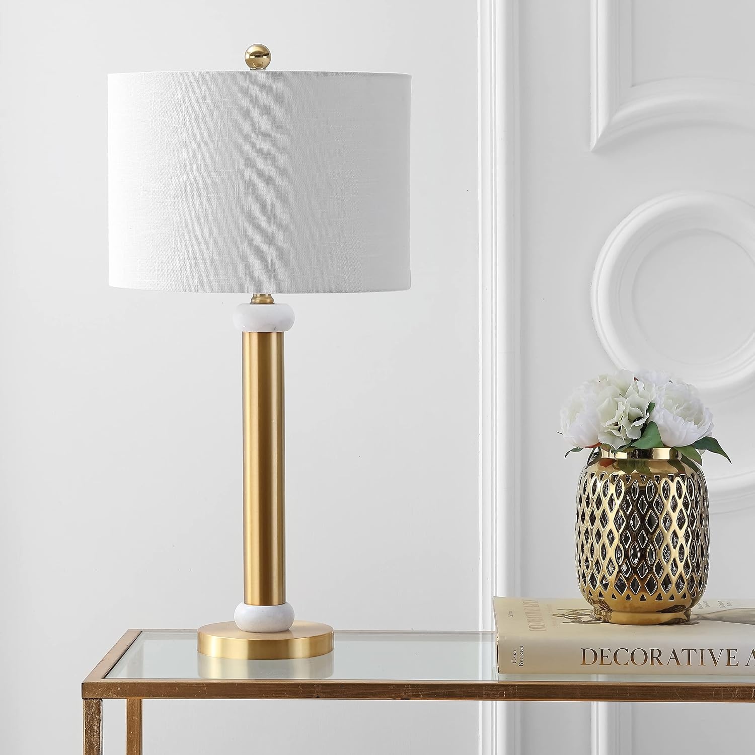 image:imageJONATHAN Y 27 Brass Gold and Marble LED Table Lamp Contemporary Transitional Column Bedside Lamp for Bedroom Living Room White Linen Drum Shade LED Bulb Included JYL1087A