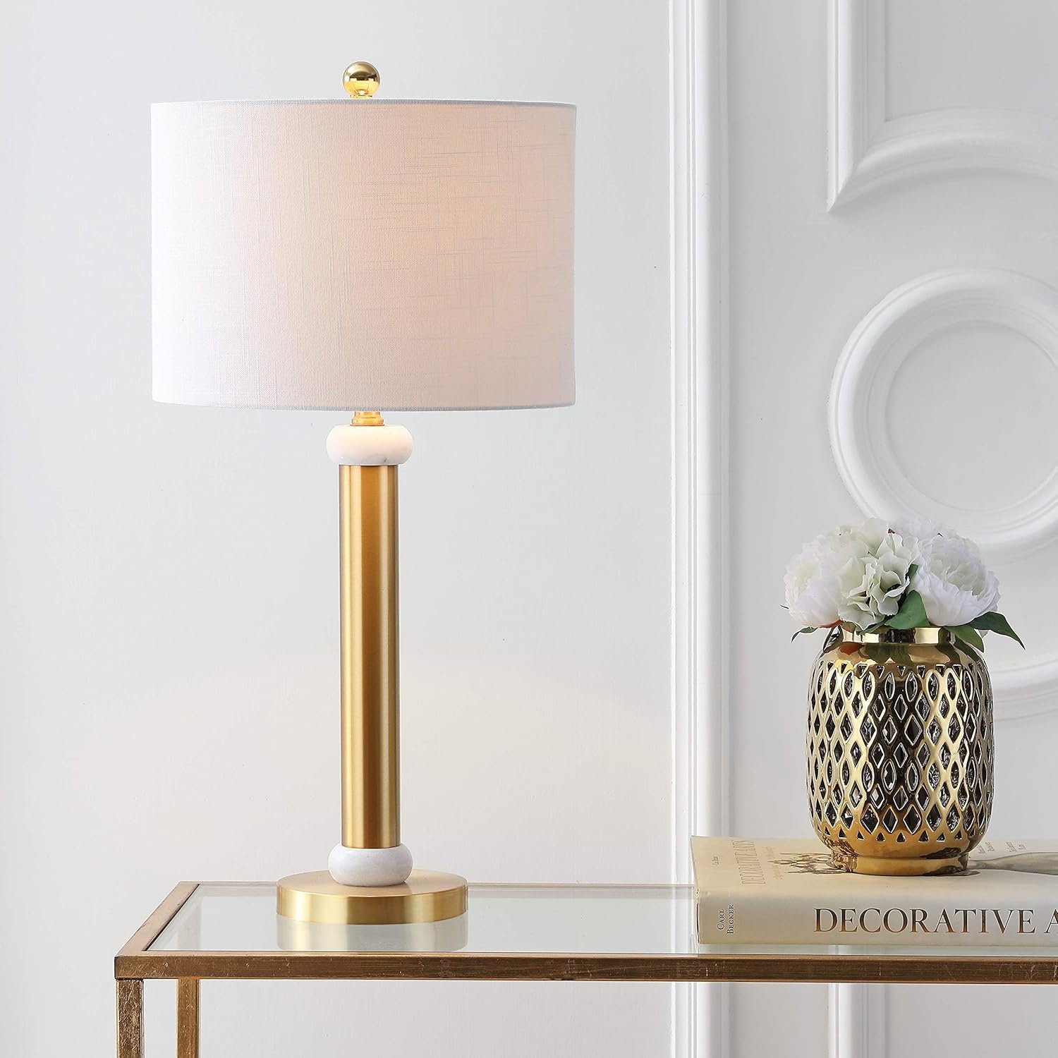 image:imageJONATHAN Y 27 Brass Gold and Marble LED Table Lamp Contemporary Transitional Column Bedside Lamp for Bedroom Living Room White Linen Drum Shade LED Bulb Included JYL1087A