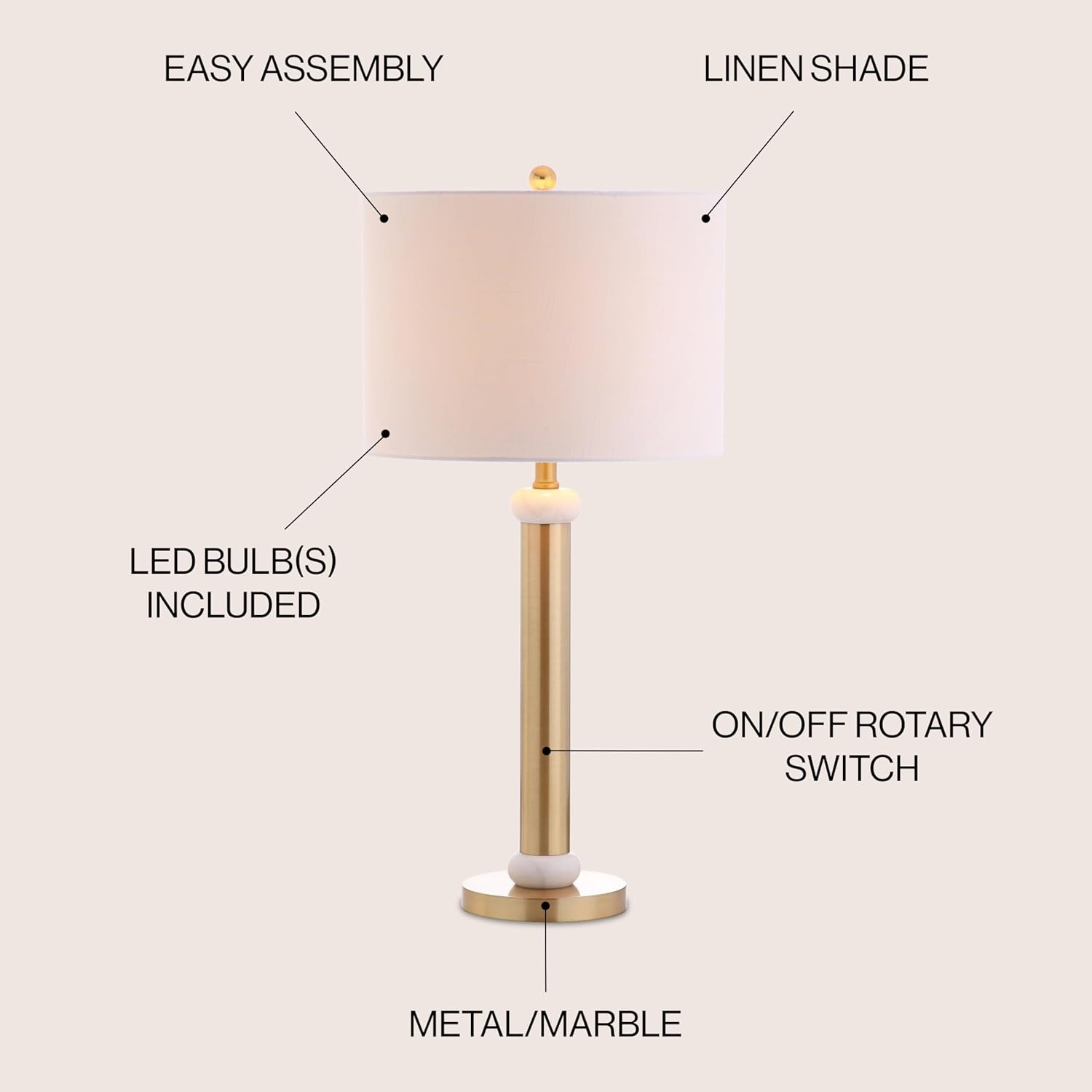 image:imageJONATHAN Y 27 Brass Gold and Marble LED Table Lamp Contemporary Transitional Column Bedside Lamp for Bedroom Living Room White Linen Drum Shade LED Bulb Included JYL1087A