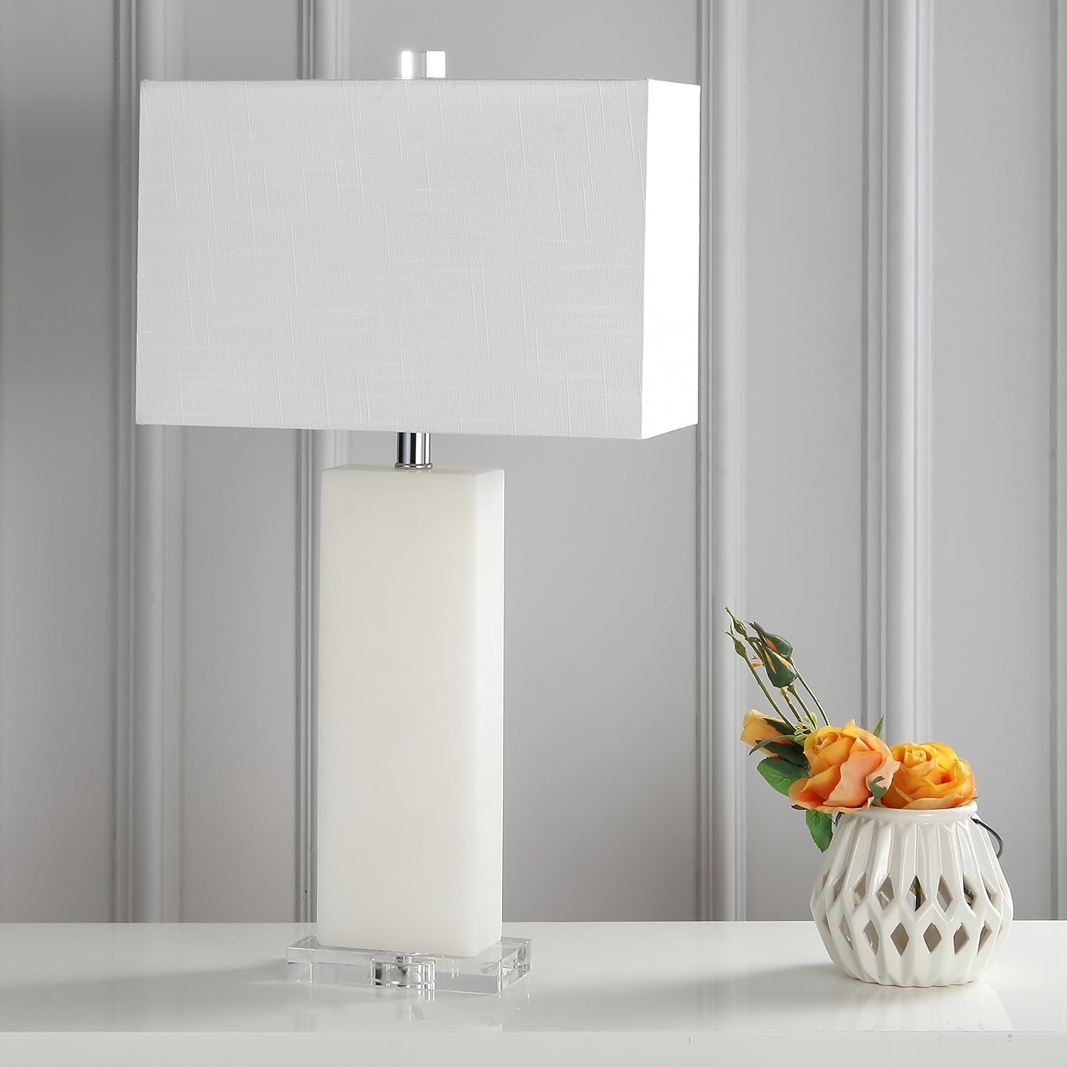 image:imageJONATHAN Y 27 White Black Alabaster Rectangular Table Lamp Contemporary Modern Bedside Nightstand Lamp for Living Room Bedroom with White Linen Shade LED Bulb Included JYL2009BWhite Alabaster