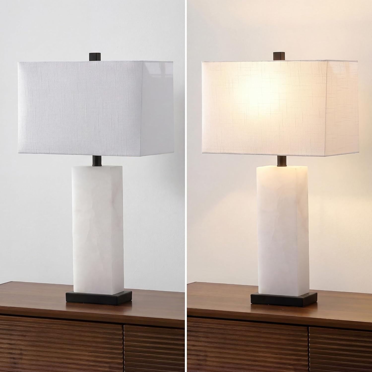 image:imageJONATHAN Y 27 White Black Alabaster Rectangular Table Lamp Contemporary Modern Bedside Nightstand Lamp for Living Room Bedroom with White Linen Shade LED Bulb Included JYL2009BWhite AlabasterBlack