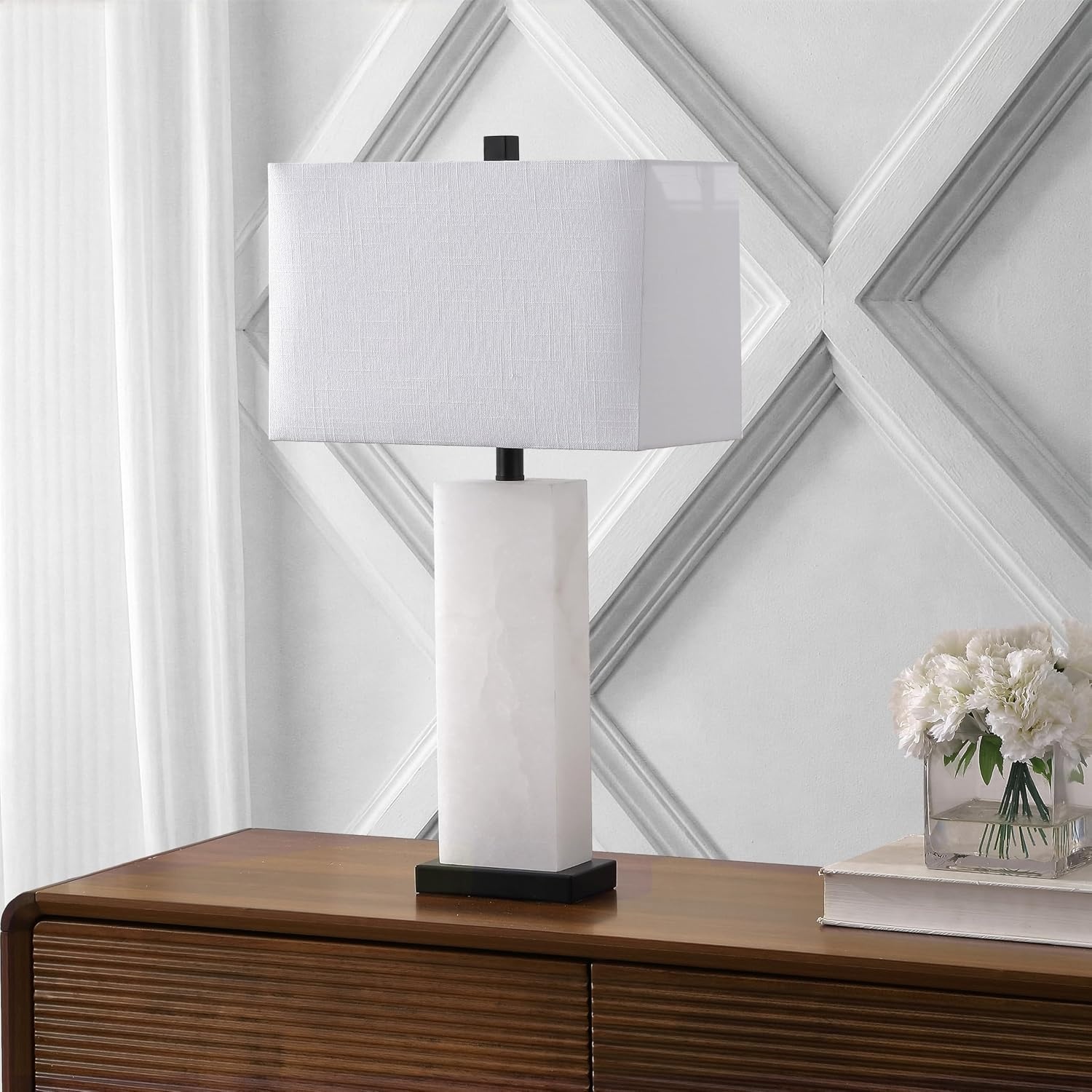 image:imageJONATHAN Y 27 White Black Alabaster Rectangular Table Lamp Contemporary Modern Bedside Nightstand Lamp for Living Room Bedroom with White Linen Shade LED Bulb Included JYL2009BWhite AlabasterBlack