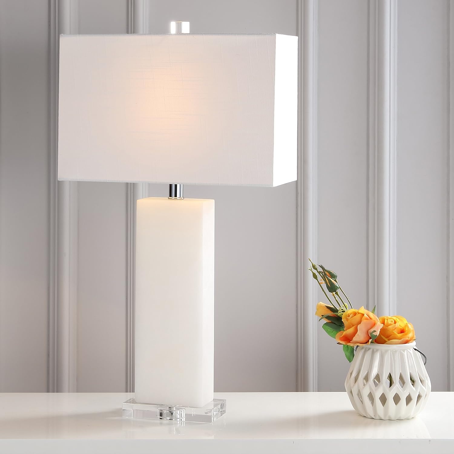image:imageJONATHAN Y 27 White Black Alabaster Rectangular Table Lamp Contemporary Modern Bedside Nightstand Lamp for Living Room Bedroom with White Linen Shade LED Bulb Included JYL2009BWhite Alabaster