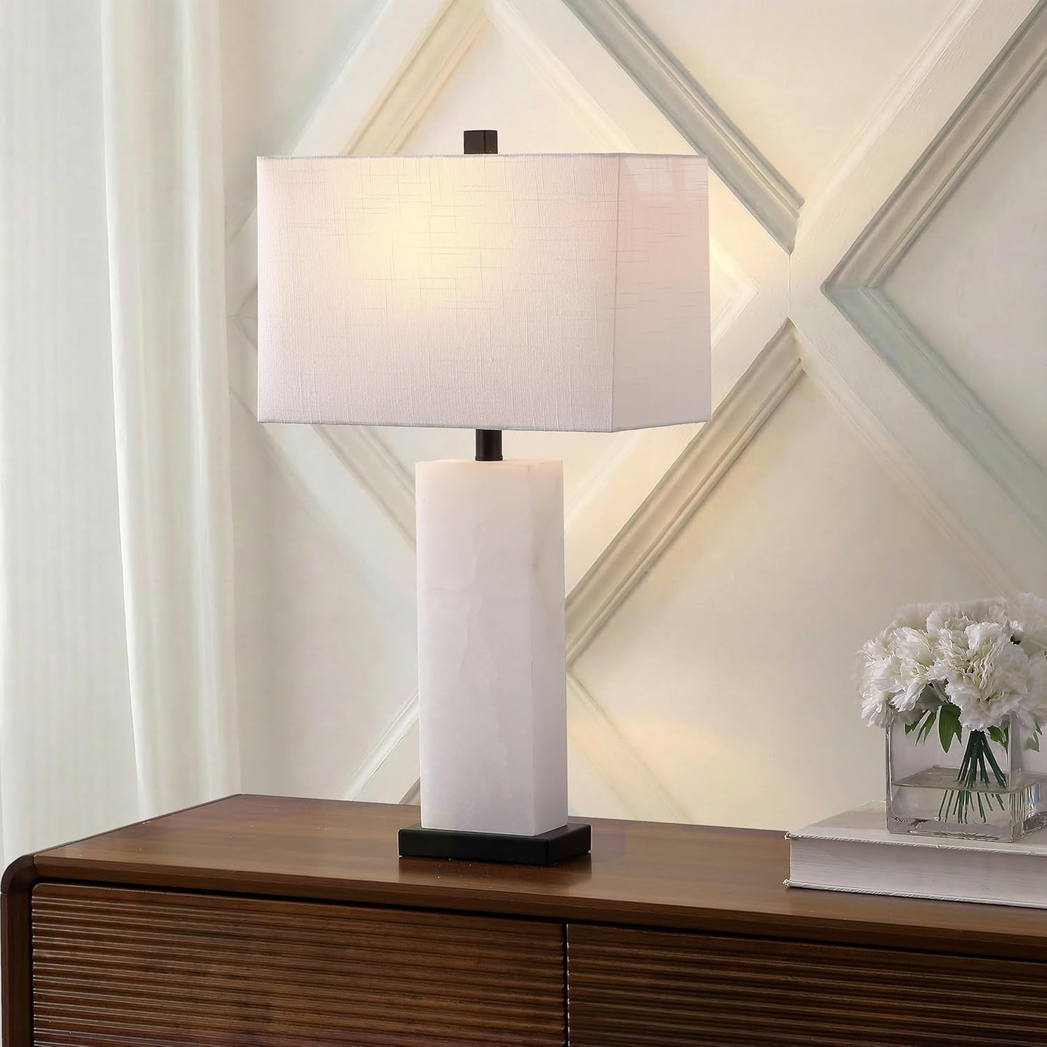 image:imageJONATHAN Y 27 White Black Alabaster Rectangular Table Lamp Contemporary Modern Bedside Nightstand Lamp for Living Room Bedroom with White Linen Shade LED Bulb Included JYL2009BWhite AlabasterBlack