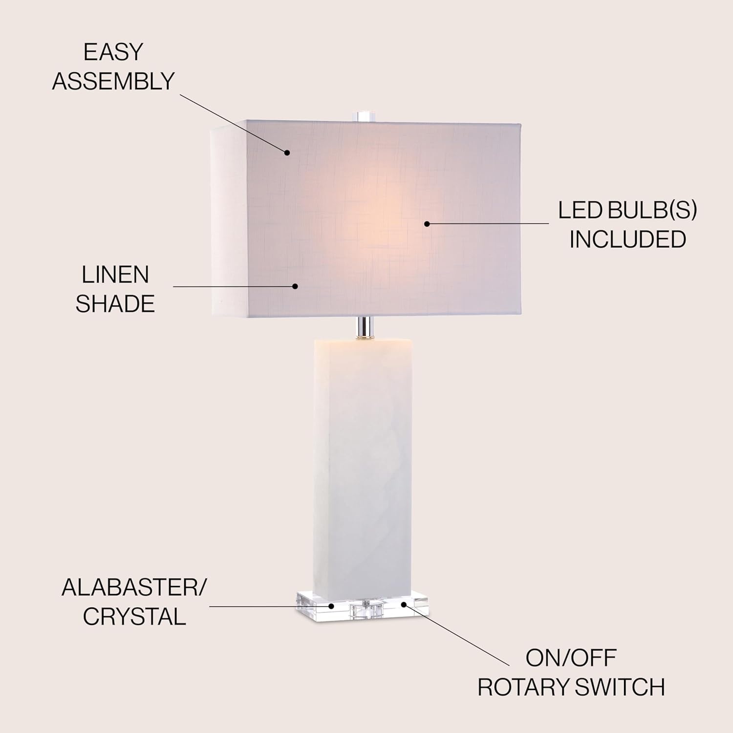 image:imageJONATHAN Y 27 White Black Alabaster Rectangular Table Lamp Contemporary Modern Bedside Nightstand Lamp for Living Room Bedroom with White Linen Shade LED Bulb Included JYL2009BWhite Alabaster