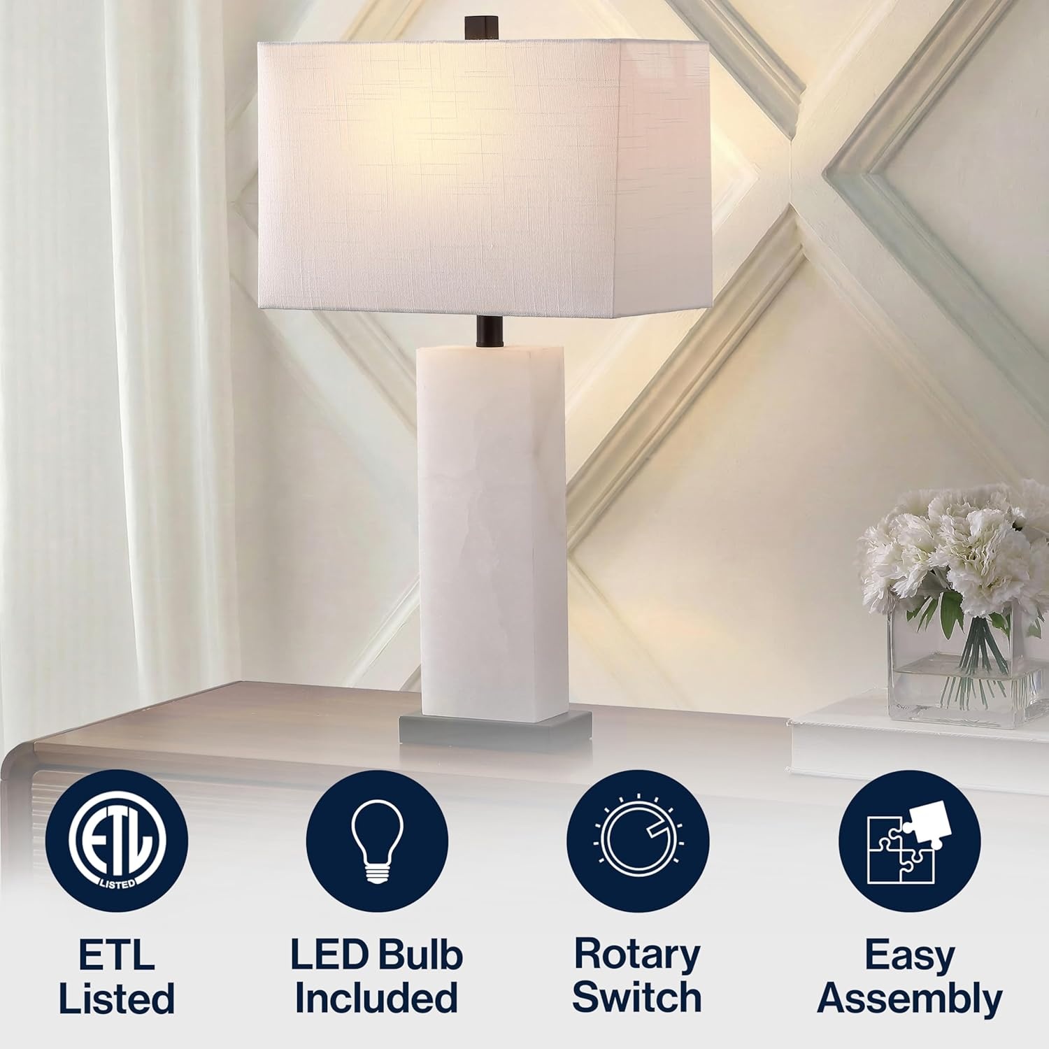 image:imageJONATHAN Y 27 White Black Alabaster Rectangular Table Lamp Contemporary Modern Bedside Nightstand Lamp for Living Room Bedroom with White Linen Shade LED Bulb Included JYL2009BWhite AlabasterBlack