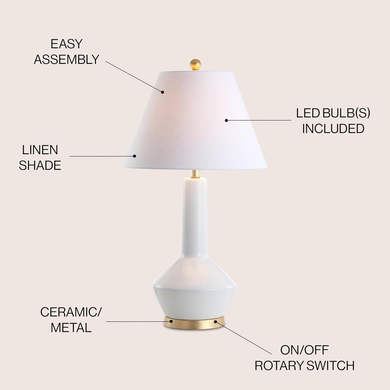 image:imageJONATHAN Y 29 Navy Blue and Brass Gold Ceramic Table Lamp for Bedroom White Linen Shade MidCentury Modern Gourd Bedside Lamp for Living Room LED Bulb Included JYL6207AWhite