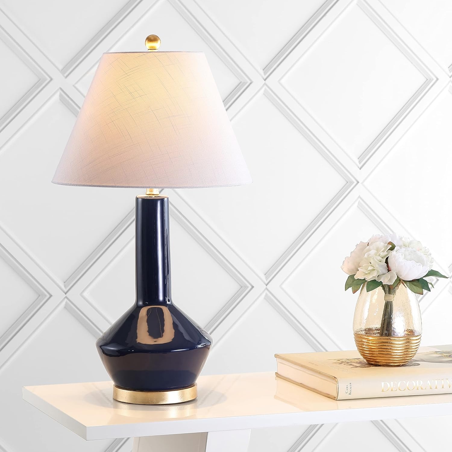 image:imageJONATHAN Y 29 Navy Blue and Brass Gold Ceramic Table Lamp for Bedroom White Linen Shade MidCentury Modern Gourd Bedside Lamp for Living Room LED Bulb Included JYL6207ANavy