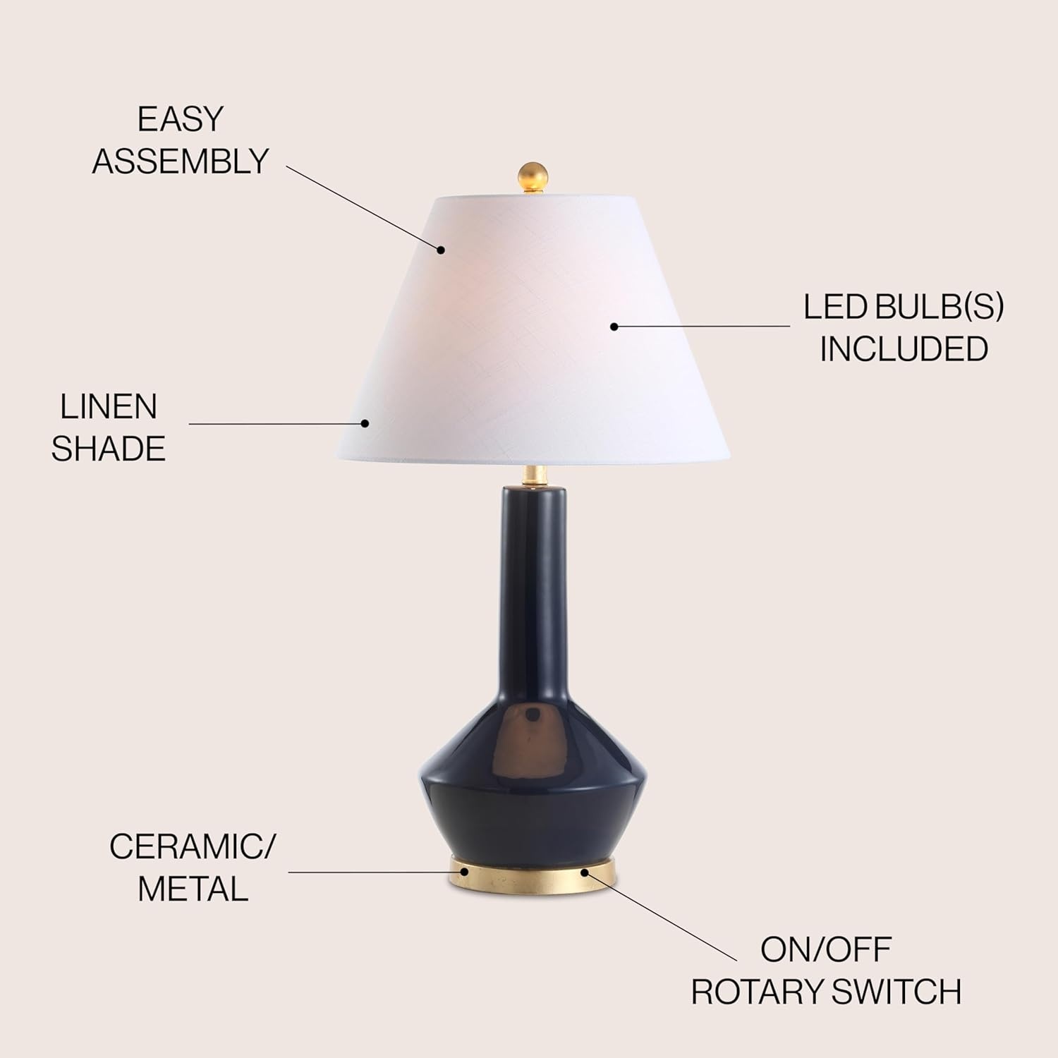 image:imageJONATHAN Y 29 Navy Blue and Brass Gold Ceramic Table Lamp for Bedroom White Linen Shade MidCentury Modern Gourd Bedside Lamp for Living Room LED Bulb Included JYL6207ANavy