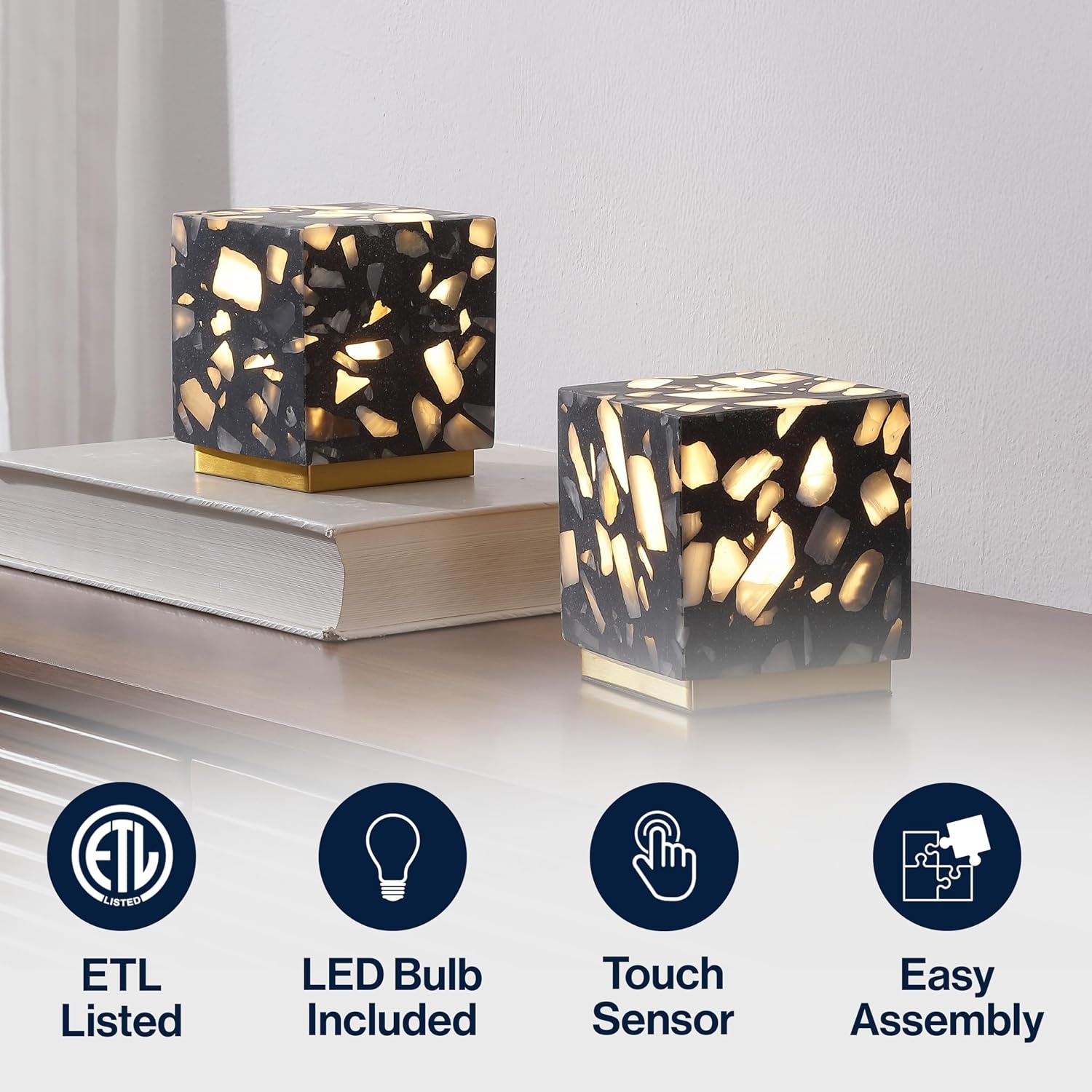 image:imageJONATHAN Y 463 Black Terrazzo Brass Gold Cubed Mini Table Lamp Modern Glam Mini Nightstand Lamp for Bedroom Rechargeable Cordless Dimmable Integrated LED with Touch Sensor Set of 2 JYL1200BSET2Black Terrazzo