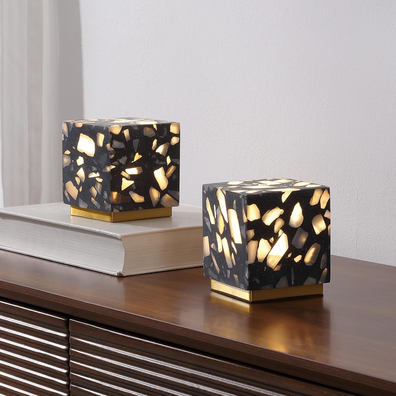 image:imageJONATHAN Y 463 Black Terrazzo Brass Gold Cubed Mini Table Lamp Modern Glam Mini Nightstand Lamp for Bedroom Rechargeable Cordless Dimmable Integrated LED with Touch Sensor Set of 2 JYL1200BSET2Black Terrazzo