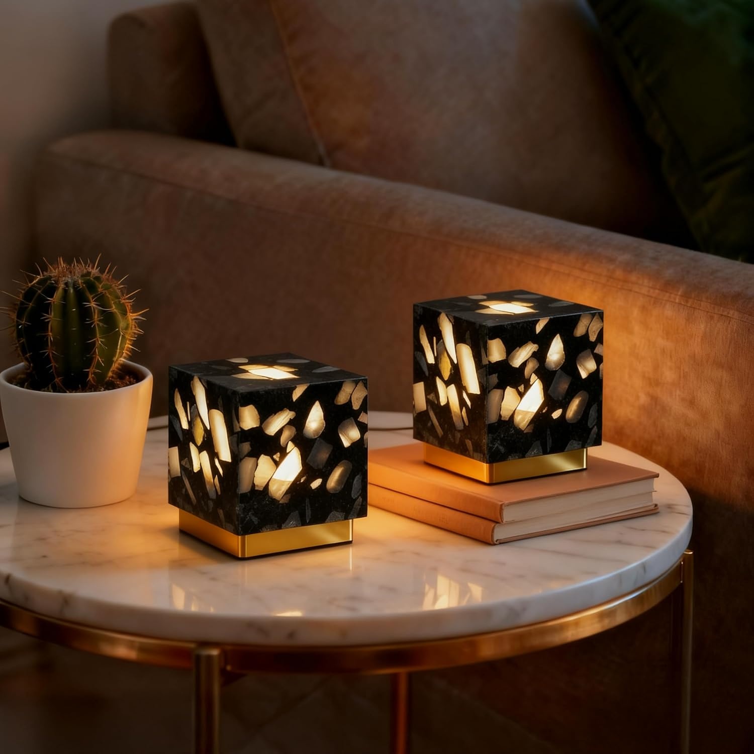 image:imageJONATHAN Y 463 Black Terrazzo Brass Gold Cubed Mini Table Lamp Modern Glam Mini Nightstand Lamp for Bedroom Rechargeable Cordless Dimmable Integrated LED with Touch Sensor Set of 2 JYL1200BSET2Black Terrazzo