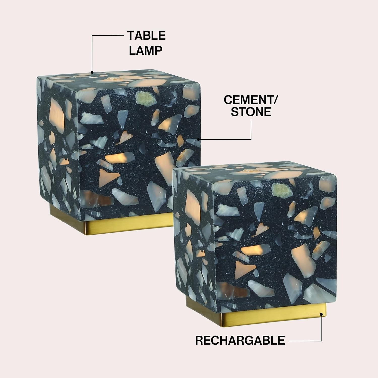 image:imageJONATHAN Y 463 Black Terrazzo Brass Gold Cubed Mini Table Lamp Modern Glam Mini Nightstand Lamp for Bedroom Rechargeable Cordless Dimmable Integrated LED with Touch Sensor Set of 2 JYL1200BSET2Black Terrazzo
