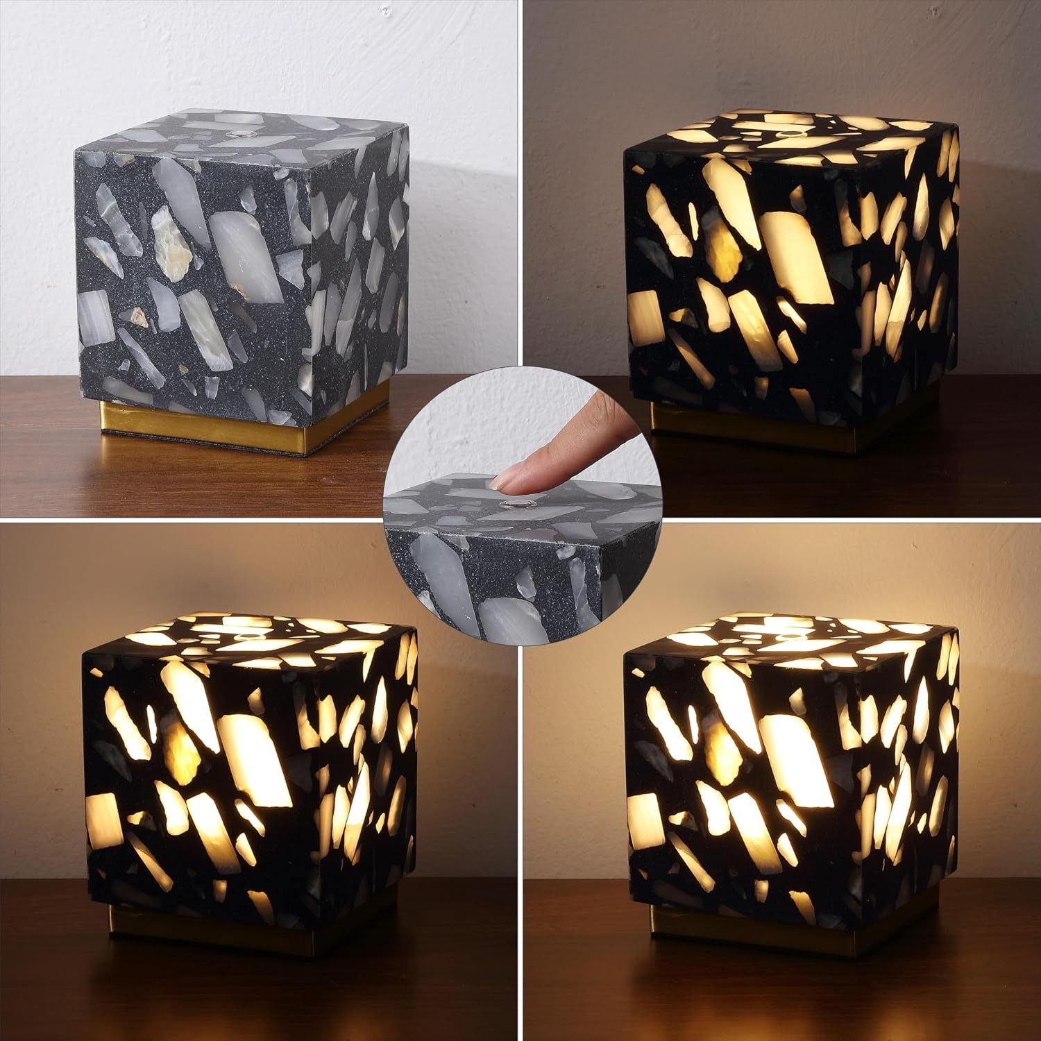 image:imageJONATHAN Y 463 Black Terrazzo Brass Gold Cubed Mini Table Lamp Modern Glam Mini Nightstand Lamp for Bedroom Rechargeable Cordless Dimmable Integrated LED with Touch Sensor Set of 2 JYL1200BSET2Black Terrazzo