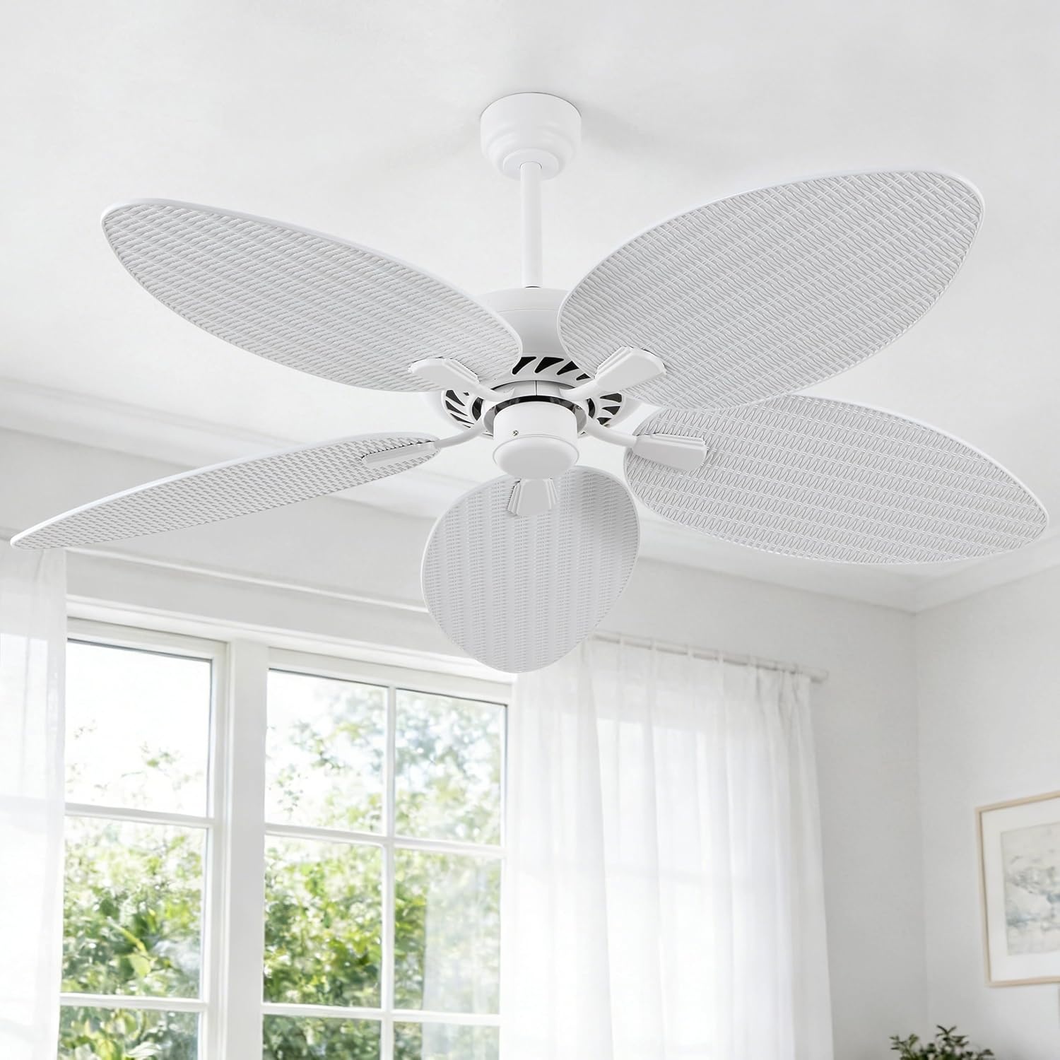 image:imageJONATHAN Y 52 White Metal Tropical Palm Leaf Blades Ceiling Fan Coastal Bohemian for Living Room Mobile App and Remote Control 6Speed Sloped Ceiling Compatible JYL9719DWhite