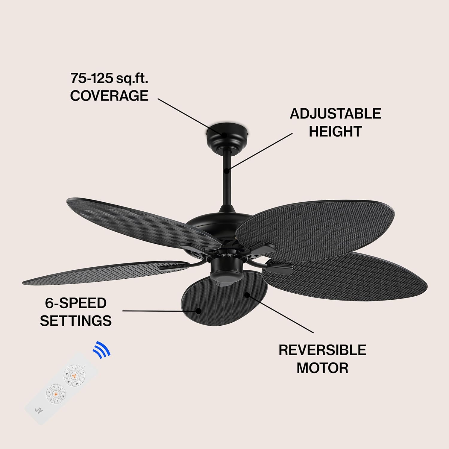 image:imageJONATHAN Y 52 White Metal Tropical Palm Leaf Blades Ceiling Fan Coastal Bohemian for Living Room Mobile App and Remote Control 6Speed Sloped Ceiling Compatible JYL9719DBlack