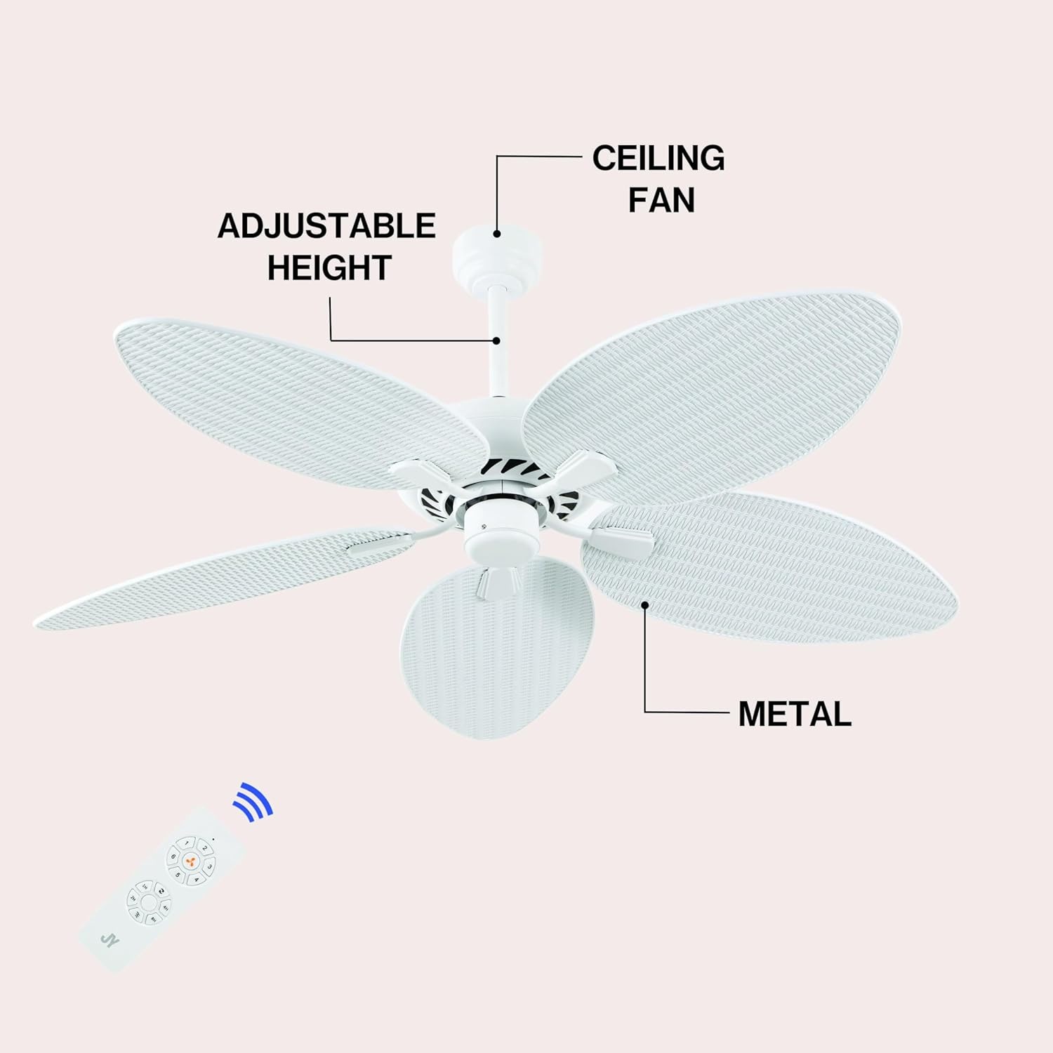 image:imageJONATHAN Y 52 White Metal Tropical Palm Leaf Blades Ceiling Fan Coastal Bohemian for Living Room Mobile App and Remote Control 6Speed Sloped Ceiling Compatible JYL9719DWhite