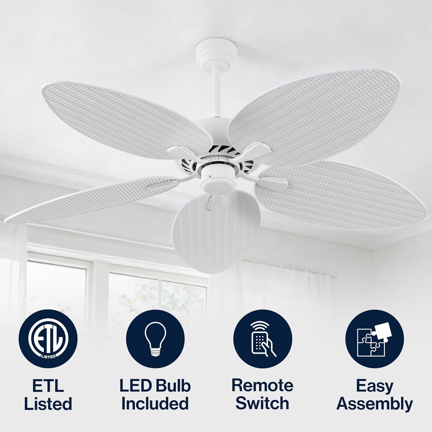 image:imageJONATHAN Y 52 White Metal Tropical Palm Leaf Blades Ceiling Fan Coastal Bohemian for Living Room Mobile App and Remote Control 6Speed Sloped Ceiling Compatible JYL9719DWhite