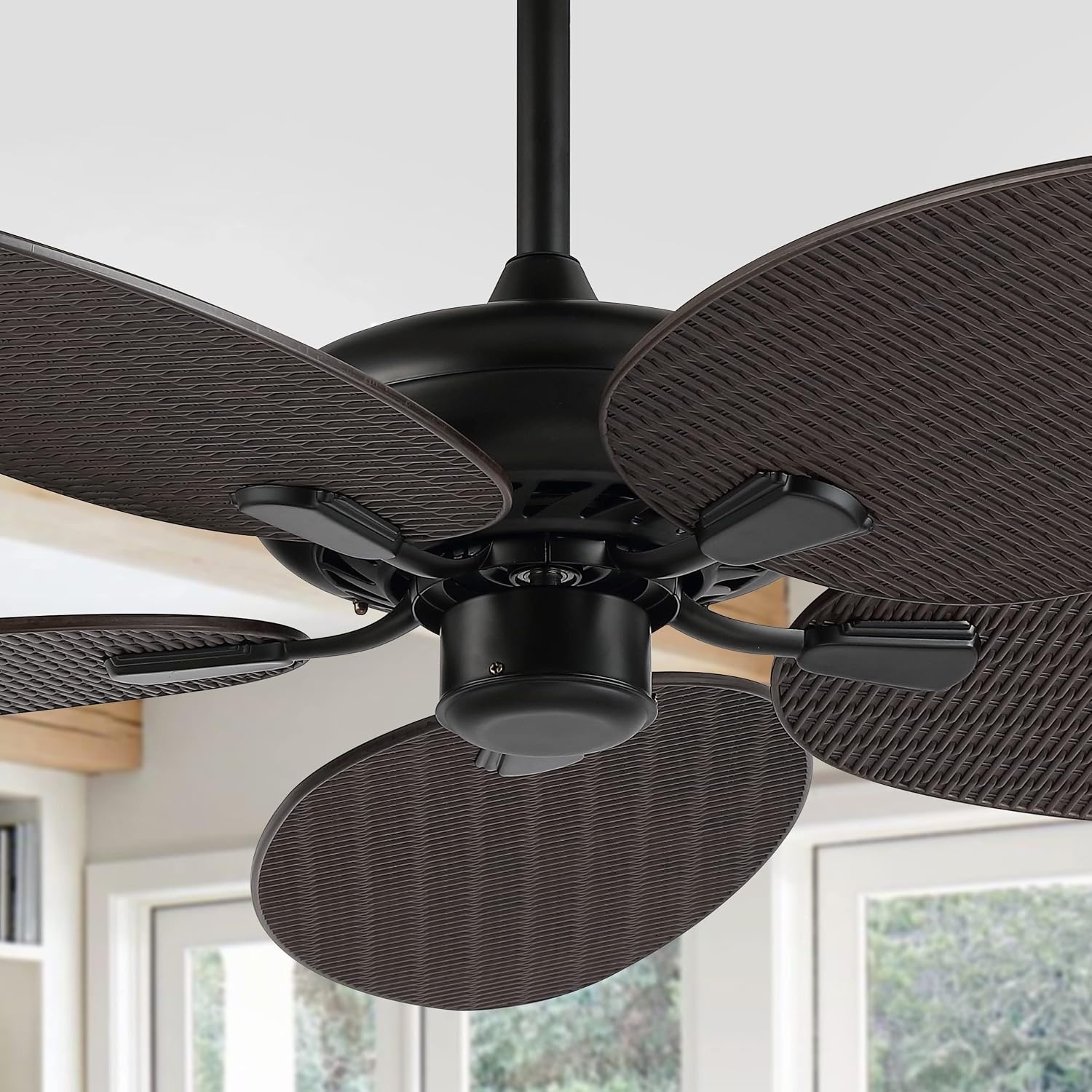 image:imageJONATHAN Y 52 White Metal Tropical Palm Leaf Blades Ceiling Fan Coastal Bohemian for Living Room Mobile App and Remote Control 6Speed Sloped Ceiling Compatible JYL9719DDark Brown Wood