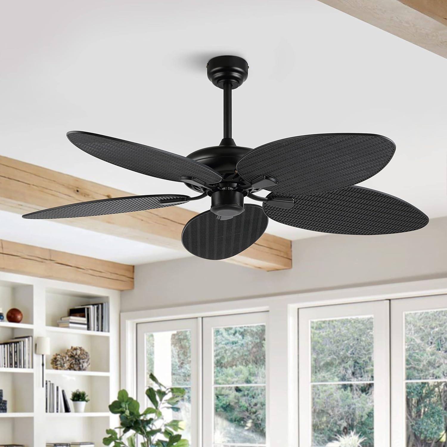 image:imageJONATHAN Y 52 White Metal Tropical Palm Leaf Blades Ceiling Fan Coastal Bohemian for Living Room Mobile App and Remote Control 6Speed Sloped Ceiling Compatible JYL9719DBlack