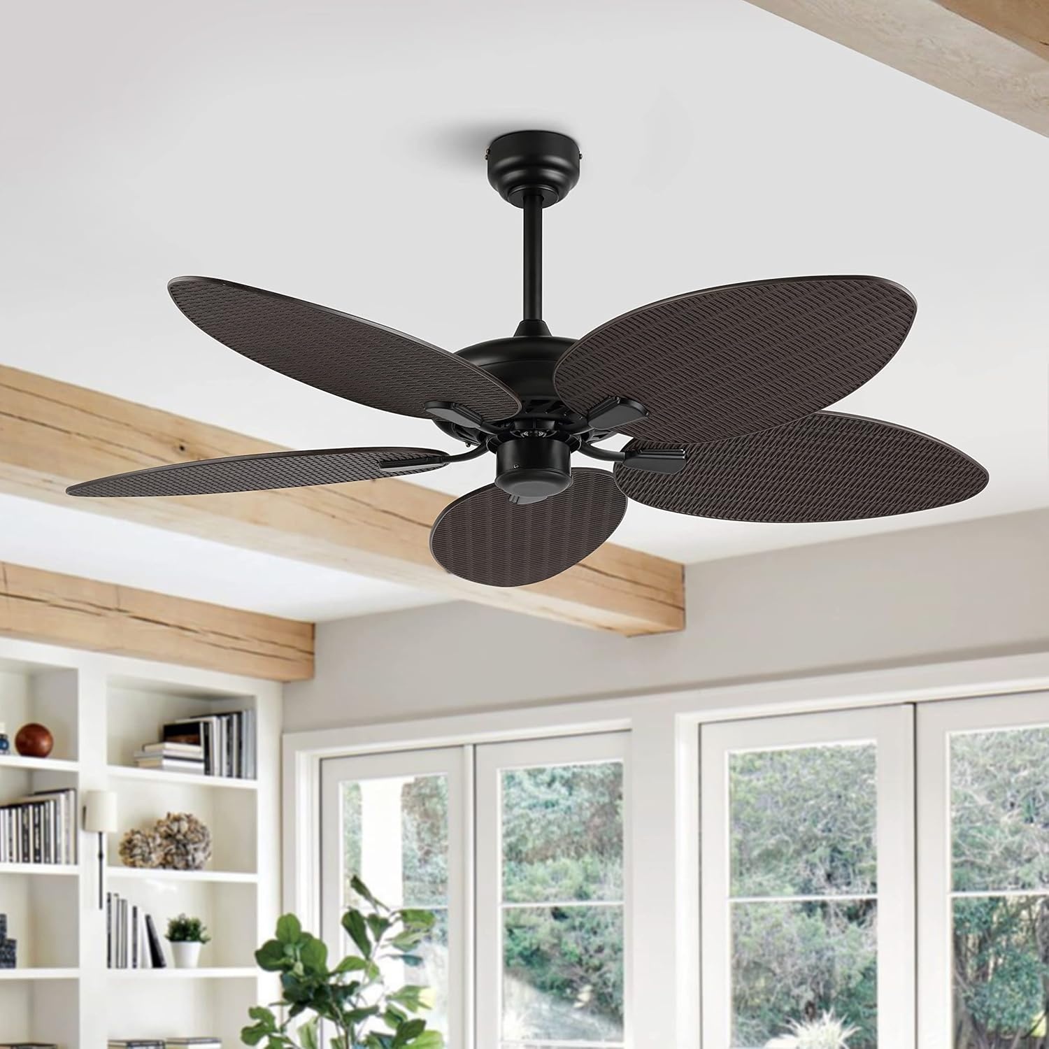 image:imageJONATHAN Y 52 White Metal Tropical Palm Leaf Blades Ceiling Fan Coastal Bohemian for Living Room Mobile App and Remote Control 6Speed Sloped Ceiling Compatible JYL9719DDark Brown Wood