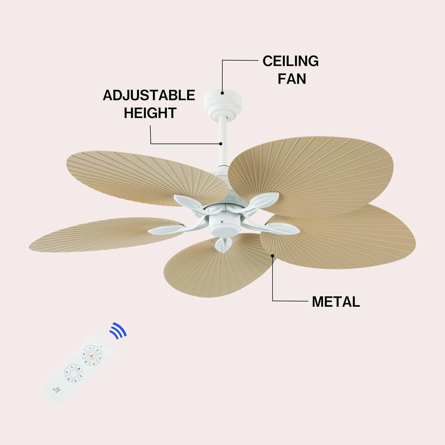 image:imageJONATHAN Y 52 White Metal Tropical Palm Leaf Blades Ceiling Fan Coastal Bohemian for Living Room Mobile App and Remote Control 6Speed Sloped Ceiling Compatible JYL9719DBeige
