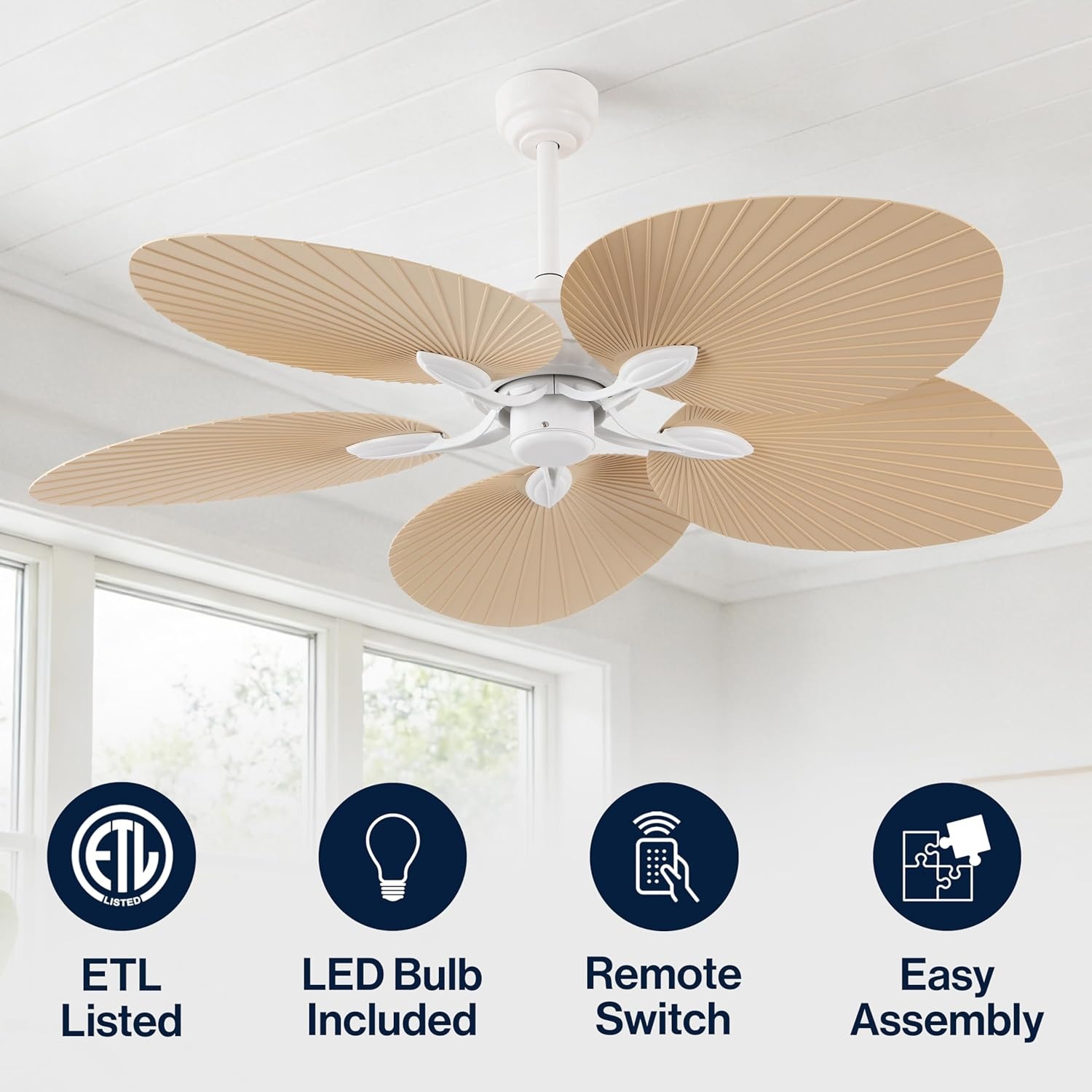 image:imageJONATHAN Y 52 White Metal Tropical Palm Leaf Blades Ceiling Fan Coastal Bohemian for Living Room Mobile App and Remote Control 6Speed Sloped Ceiling Compatible JYL9719DBeige