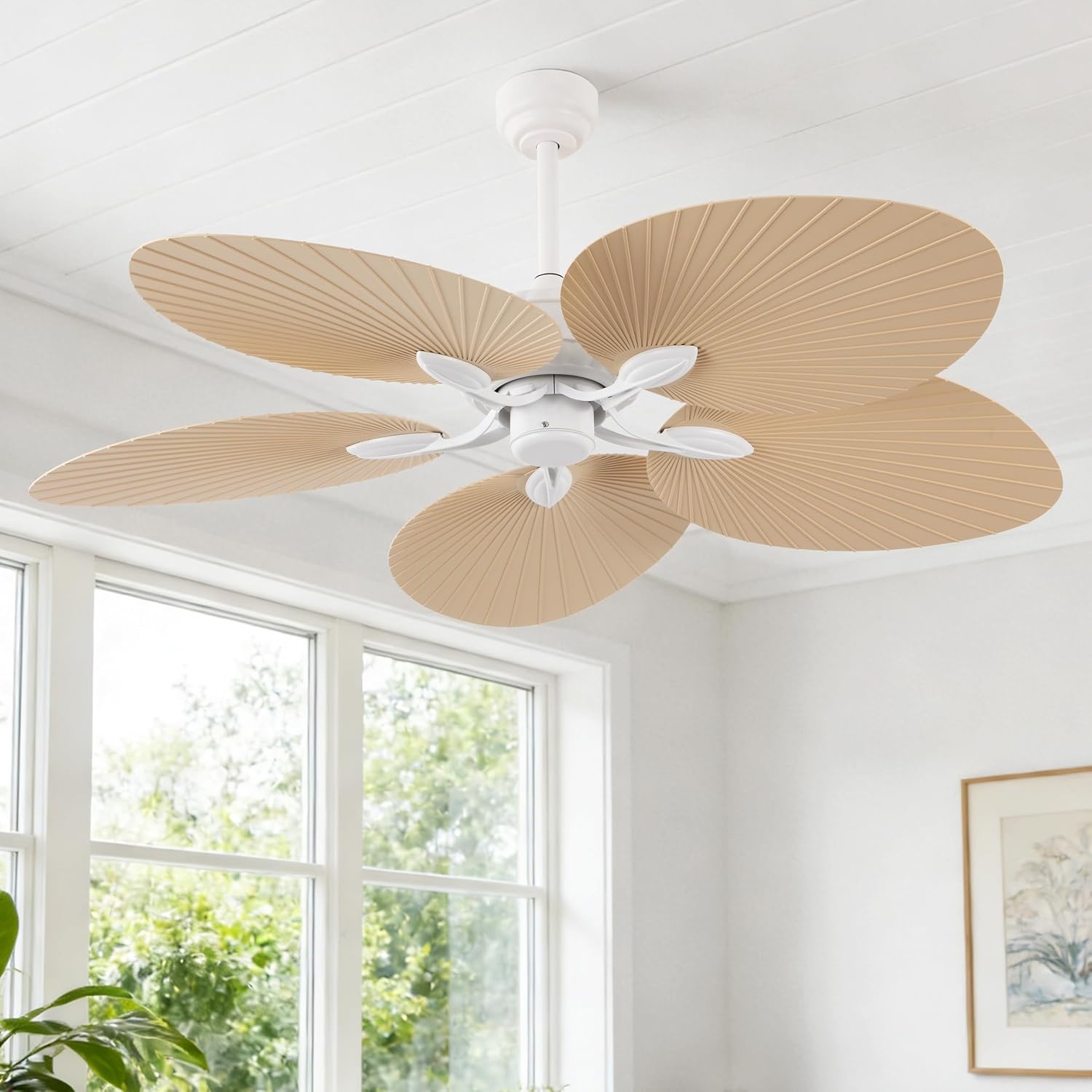 image:imageJONATHAN Y 52 White Metal Tropical Palm Leaf Blades Ceiling Fan Coastal Bohemian for Living Room Mobile App and Remote Control 6Speed Sloped Ceiling Compatible JYL9719DBeige