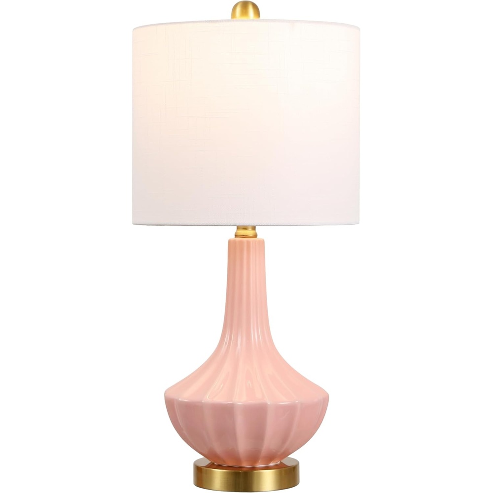 image:imageJONATHAN Y 215 Black Brass Gold Ribbed Ceramic Gourd Table Lamp Contemporary Bedside Nightstand Lamp for Bedroom Living Room with White Linen Shade LED Bulb Included JYL1030BPink