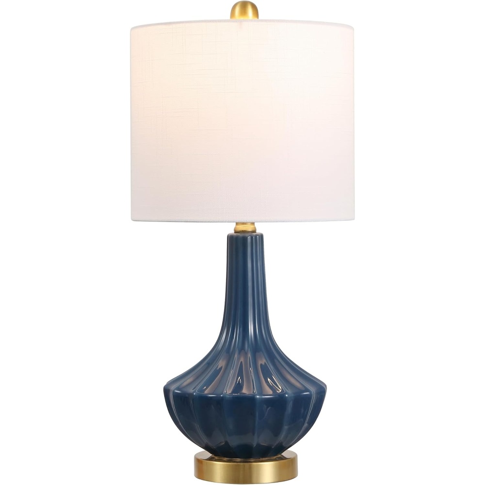 image:imageJONATHAN Y 215 Black Brass Gold Ribbed Ceramic Gourd Table Lamp Contemporary Bedside Nightstand Lamp for Bedroom Living Room with White Linen Shade LED Bulb Included JYL1030BBlue