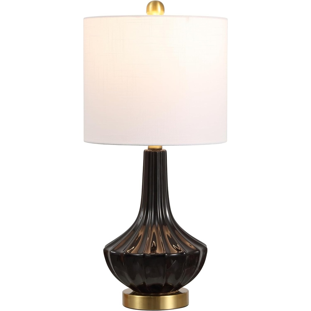 image:imageJONATHAN Y 215 Black Brass Gold Ribbed Ceramic Gourd Table Lamp Contemporary Bedside Nightstand Lamp for Bedroom Living Room with White Linen Shade LED Bulb Included JYL1030BBlack