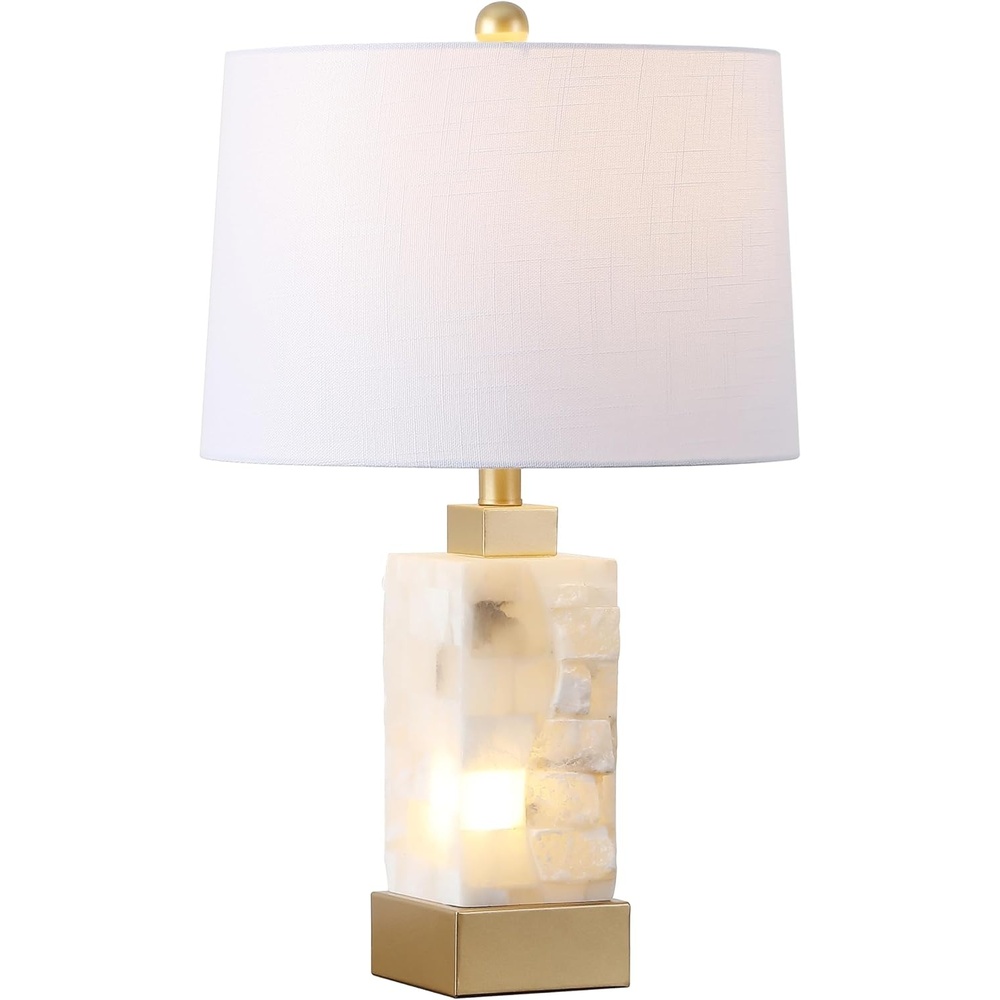 image:imageJONATHAN Y 23 White Black 2Light Alabaster Rectangular Table Lamp with Night Light Modern Coastal Bedside Lamp for Bedroom with White Linen Drum Shade LED Bulbs Included JYL6202BWhiteGold Leaf
