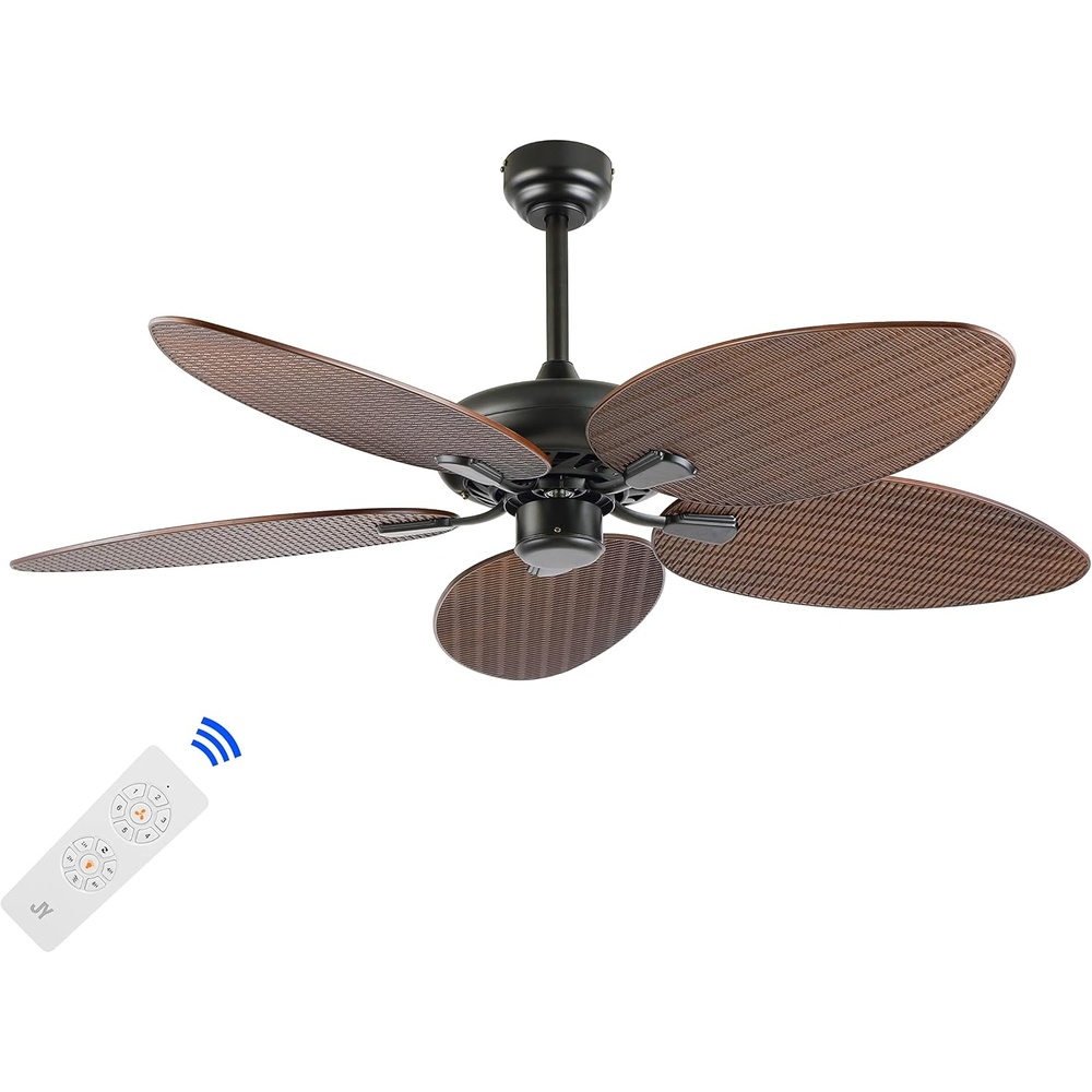 image:imageJONATHAN Y 52 White Metal Tropical Palm Leaf Blades Ceiling Fan Coastal Bohemian for Living Room Mobile App and Remote Control 6Speed Sloped Ceiling Compatible JYL9719DNeutral Brown Wood