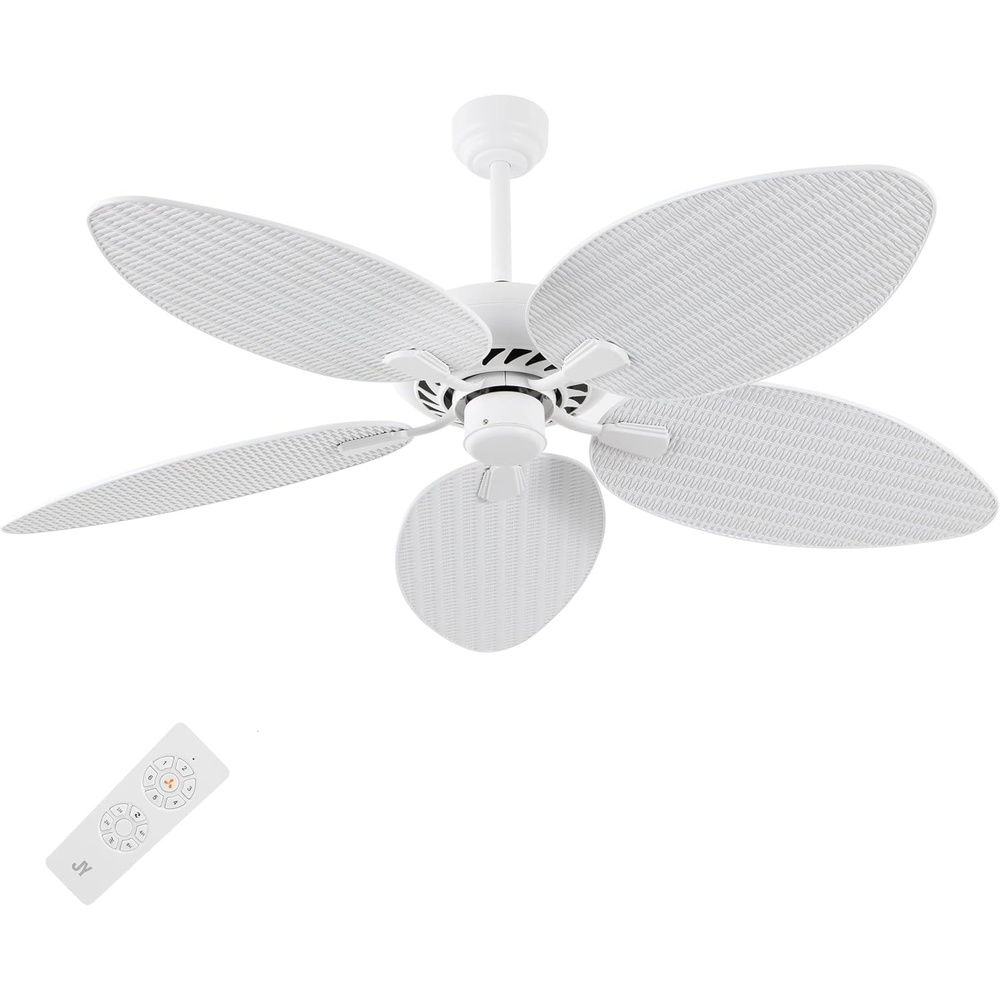 image:imageJONATHAN Y 52 White Metal Tropical Palm Leaf Blades Ceiling Fan Coastal Bohemian for Living Room Mobile App and Remote Control 6Speed Sloped Ceiling Compatible JYL9719DWhite
