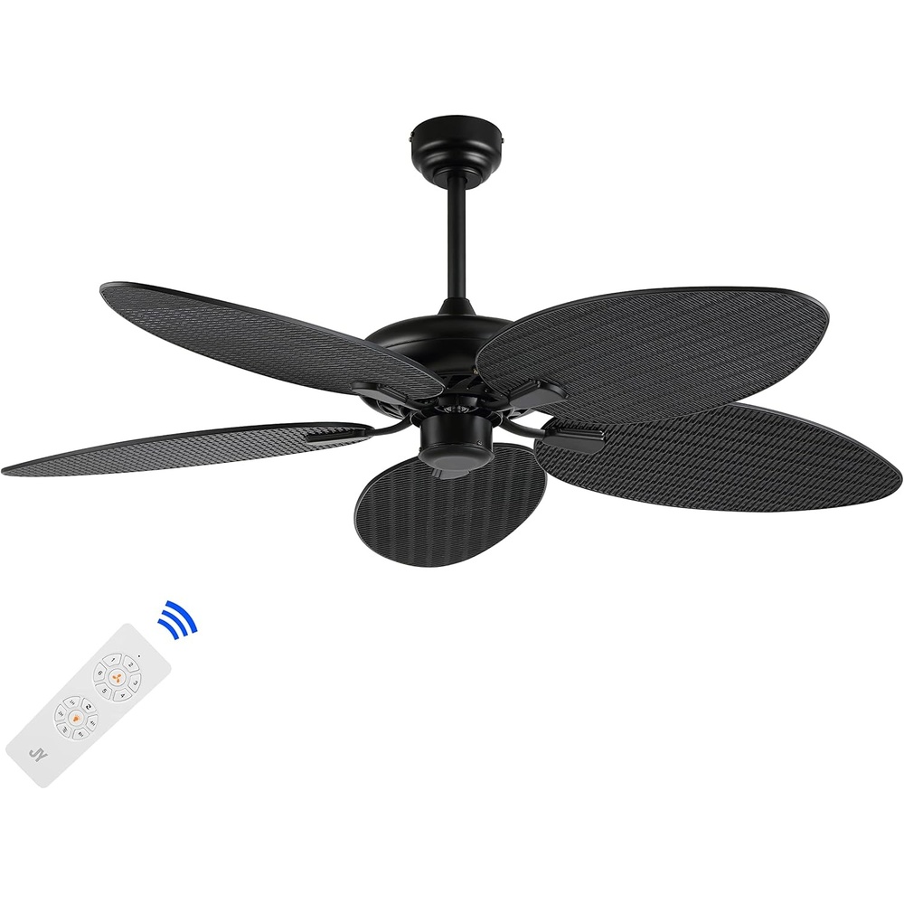 image:imageJONATHAN Y 52 White Metal Tropical Palm Leaf Blades Ceiling Fan Coastal Bohemian for Living Room Mobile App and Remote Control 6Speed Sloped Ceiling Compatible JYL9719DBlack
