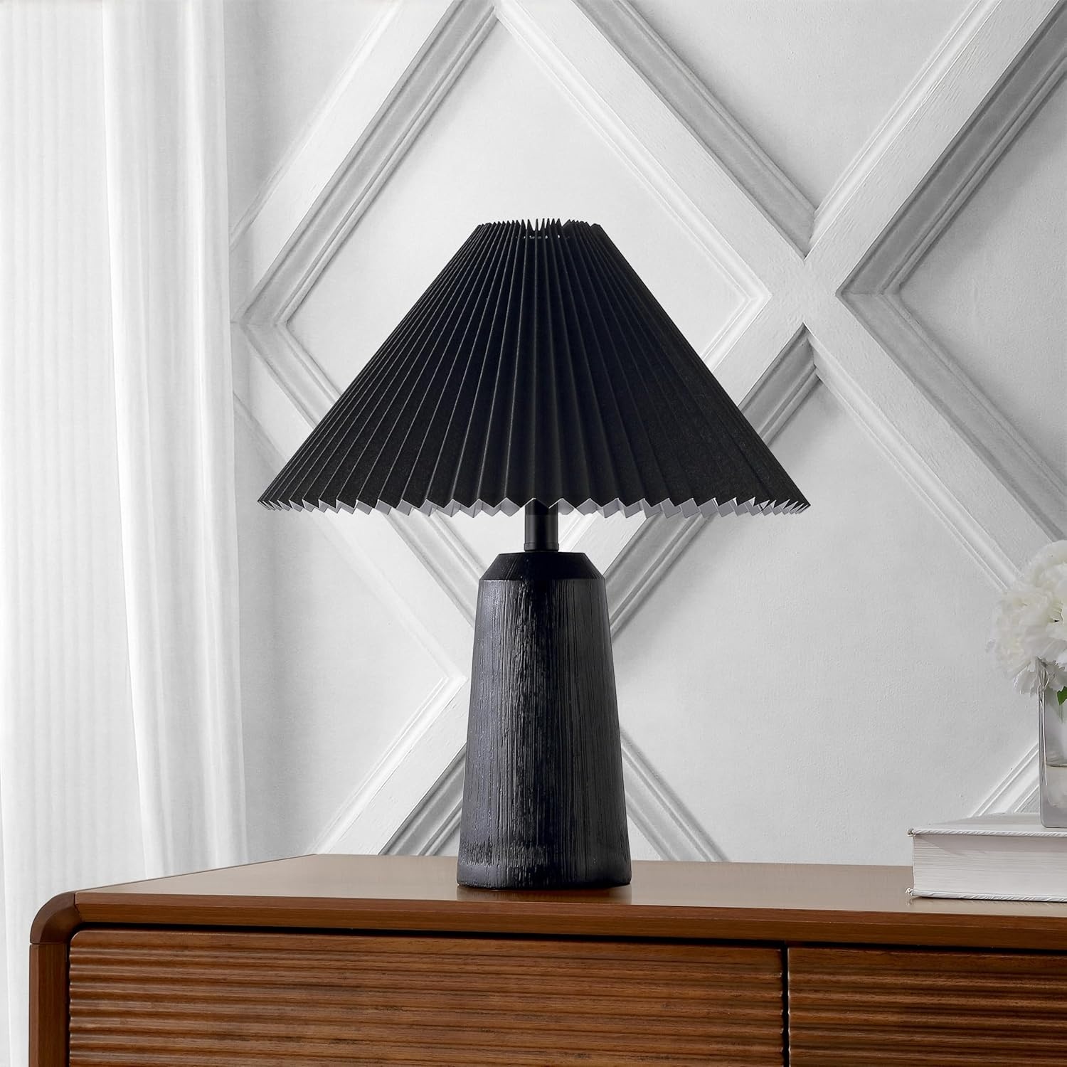 image:imageJONATHAN Y 205 Black Wood Finish Resin Cylinder Table Lamp Modern Rustic Scandinavian Bedside Lamp for Living Room Bedroom with Black Pleated Empire Shade LED Bulb Included JYL1146BBlack Wood Finish