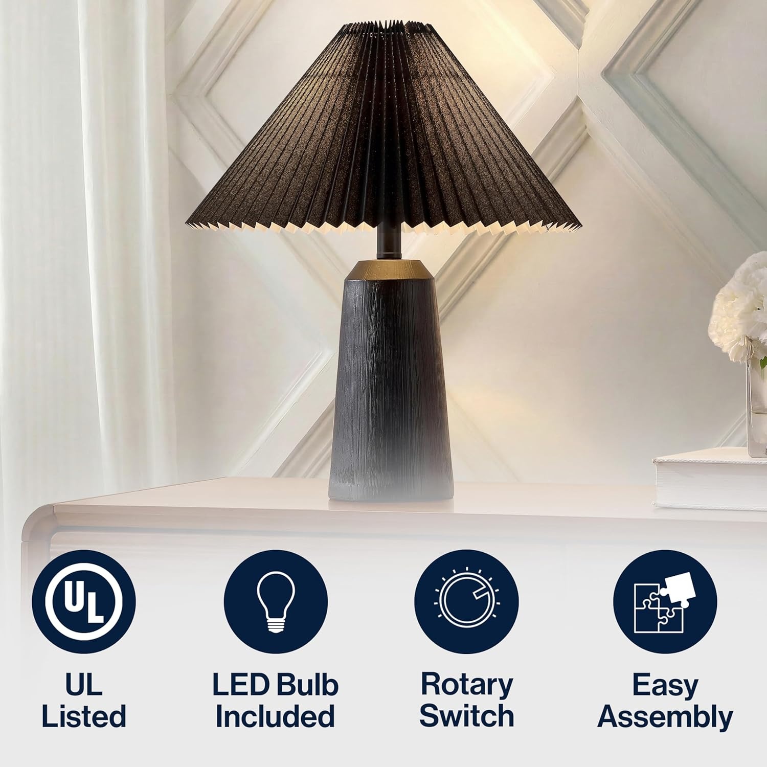 image:imageJONATHAN Y 205 Black Wood Finish Resin Cylinder Table Lamp Modern Rustic Scandinavian Bedside Lamp for Living Room Bedroom with Black Pleated Empire Shade LED Bulb Included JYL1146BBlack Wood Finish
